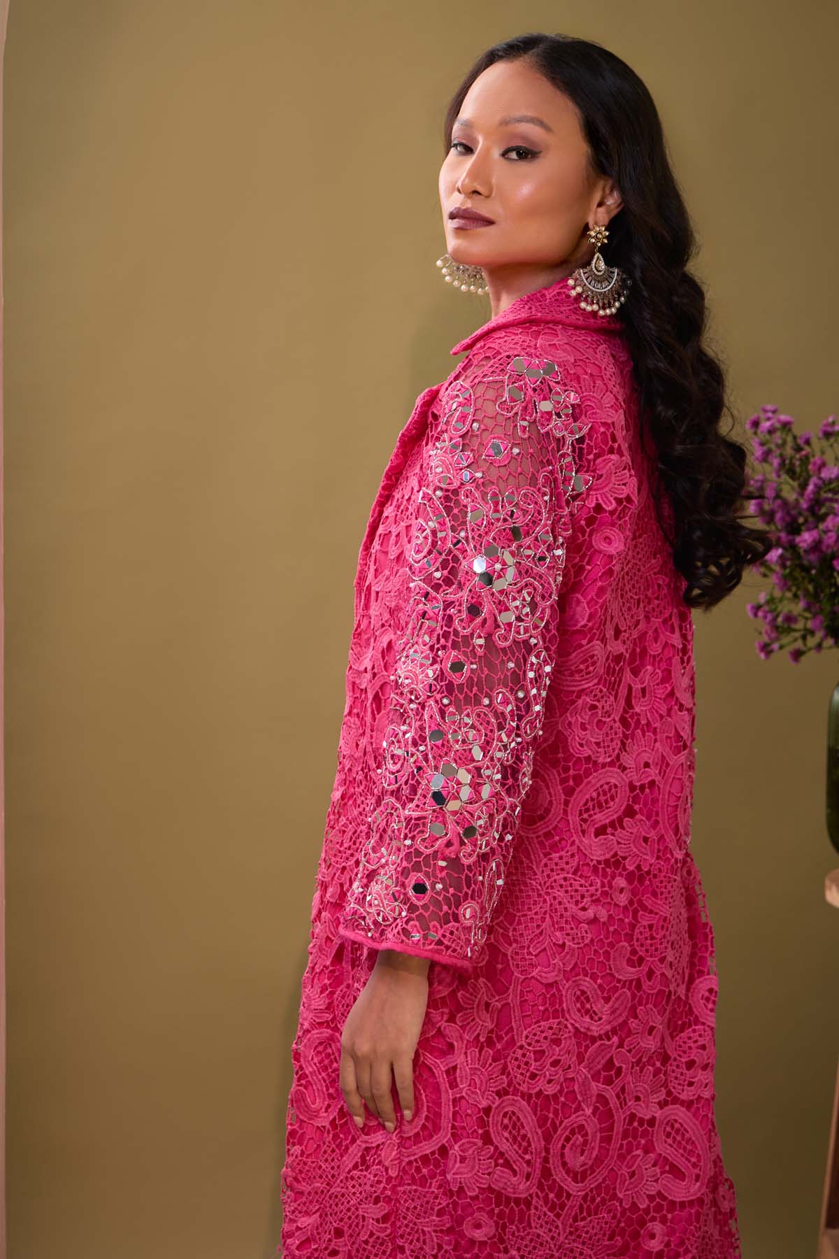 Fuchsia Mirror Work Jacket Set
