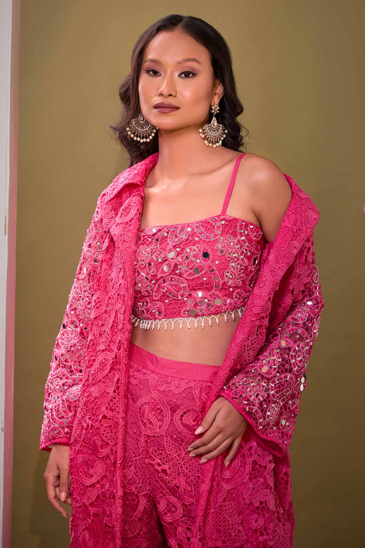 Fuchsia Mirror Work Jacket Set