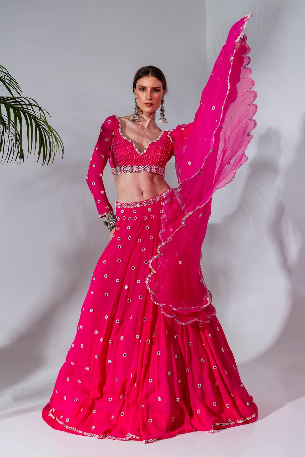 Designer Neha Khullar Fuchsia Mirror Work Lehenga Set for Women Online