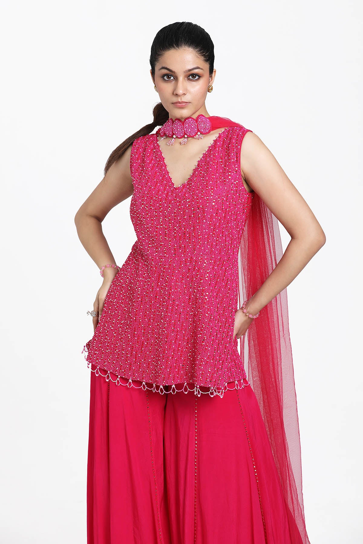 Fuchsia Mirror Work Sharara Set