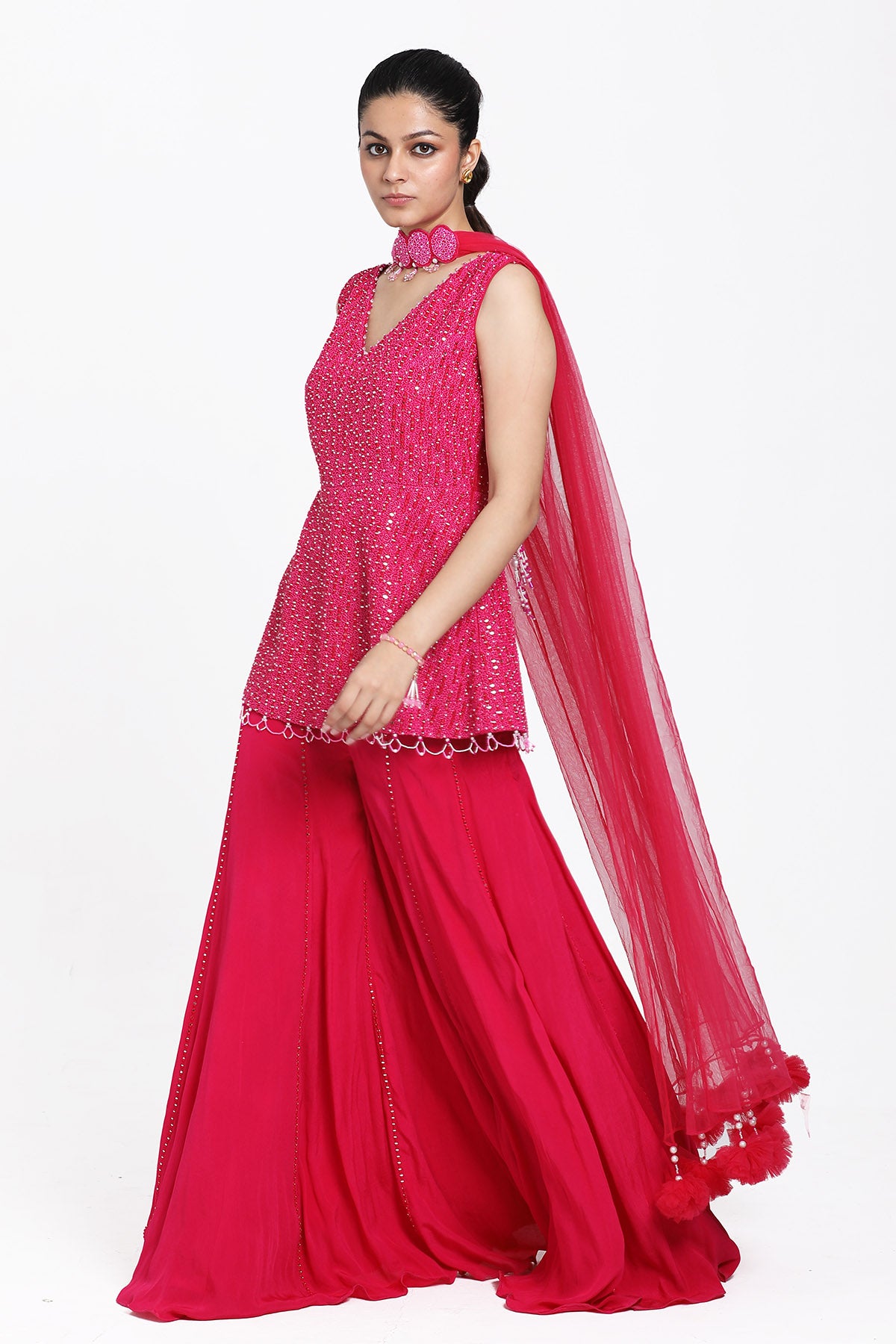 Fuchsia Mirror Work Sharara Set