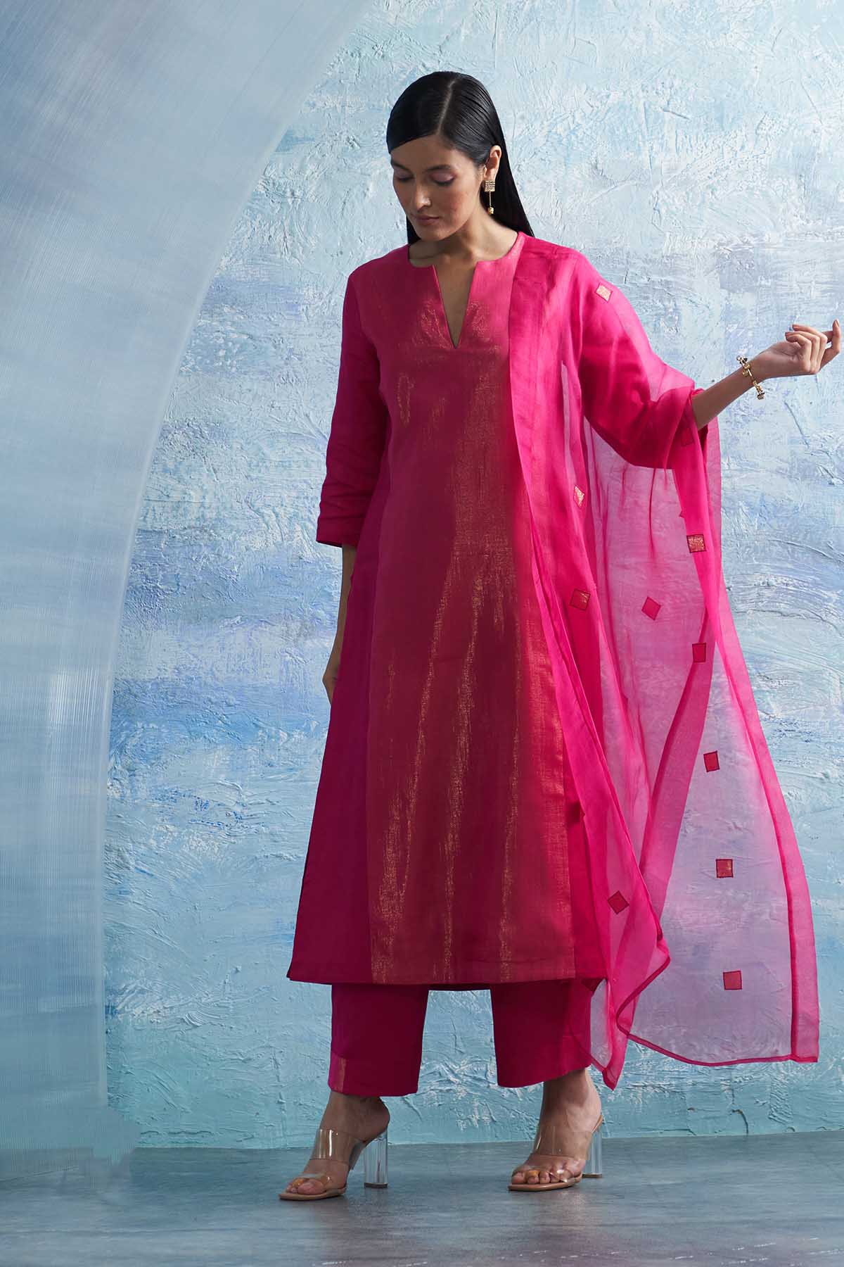 Buy Fuchsia Notch Neck Kurta Set by Charkhee for women online at ScrollnShops