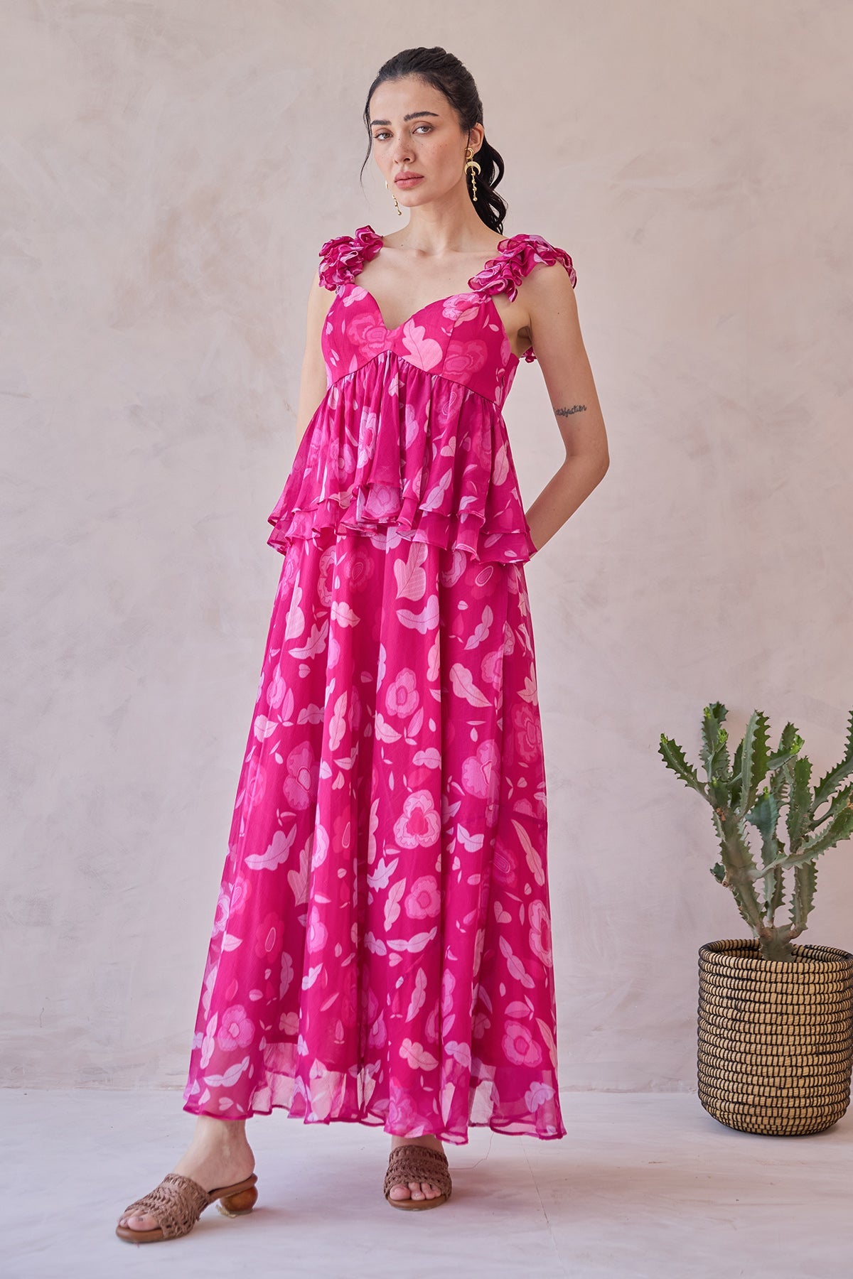 Buy Fuchsia Pink Chiffon Print Dress by Taro India for women online at ScrollnShops