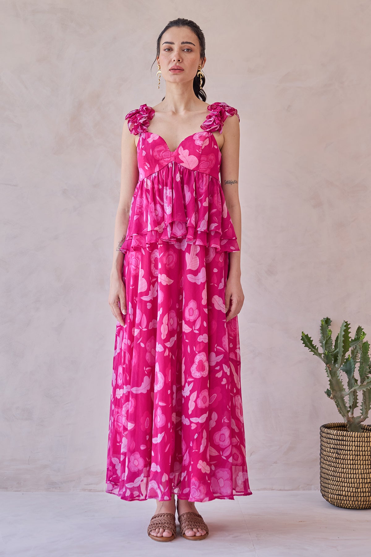 Fuchsia Pink Chiffon Print Dress