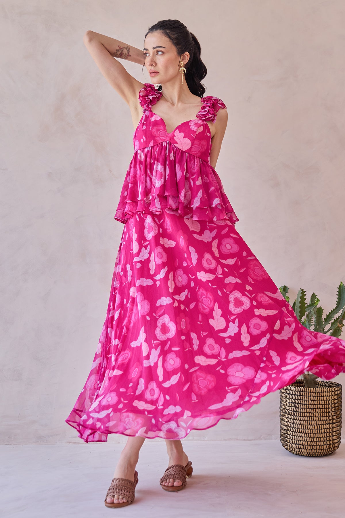 Buy Fuchsia Pink Chiffon Print Dress for Women by Taro India Buy Fuchsia Pink Chiffon Print Dress for Women by Taro India