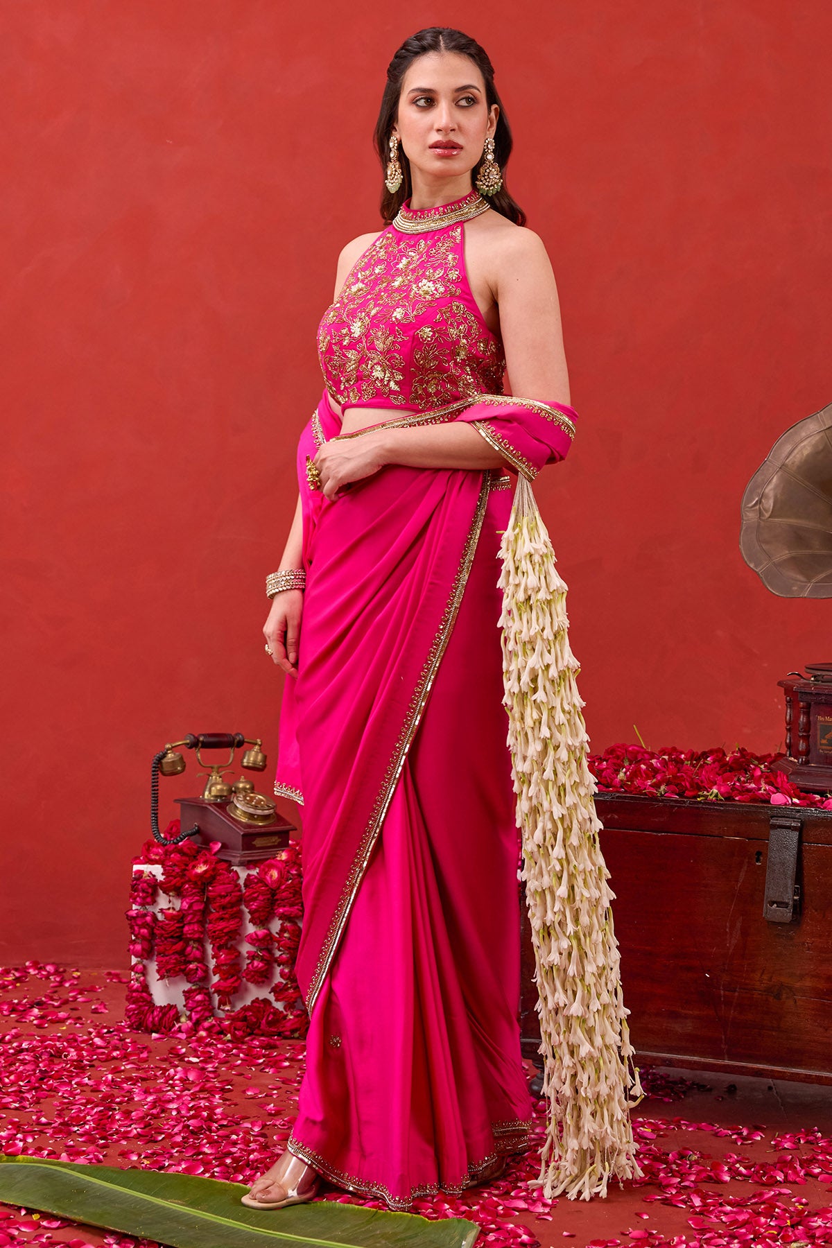 Fuchsia Pink Silk Satin Saree