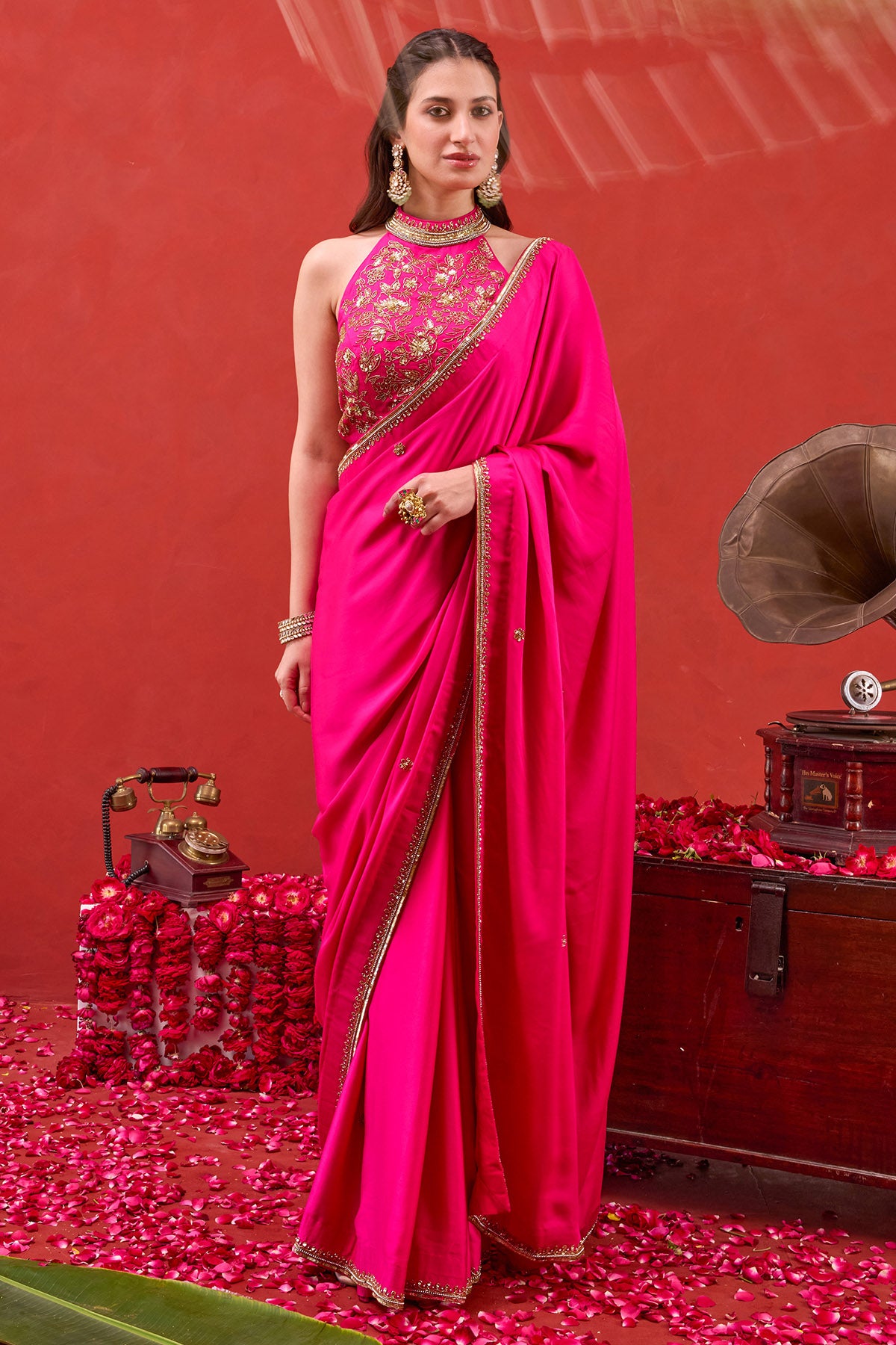 Fuchsia Pink Silk Satin Saree
