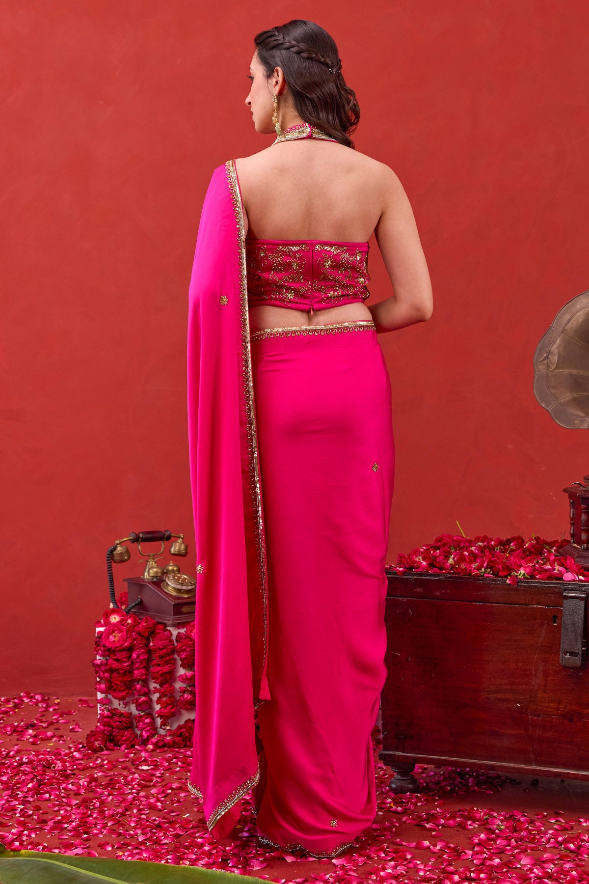 Fuchsia Pink Silk Satin Saree