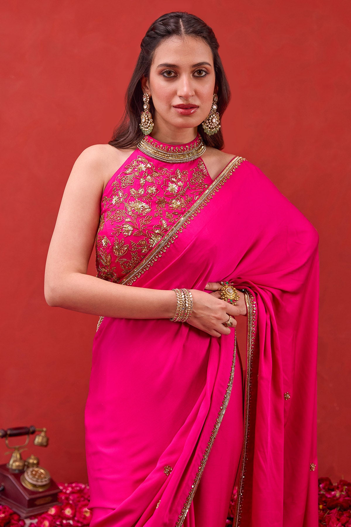 Fuchsia Pink Silk Satin Saree