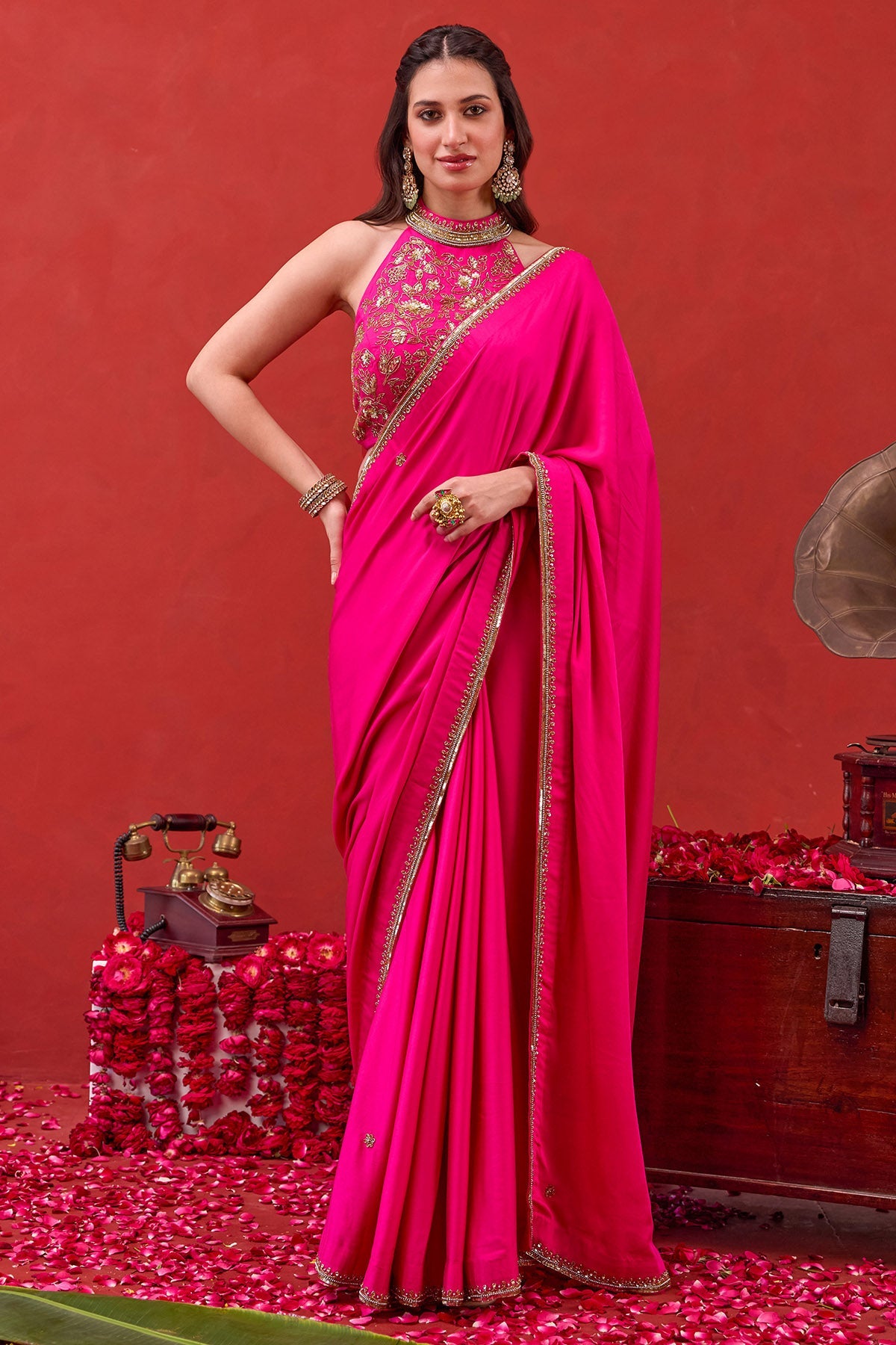 Buy Fuchsia Pink Silk Satin Saree for women by Taro India online available at scrollnshops