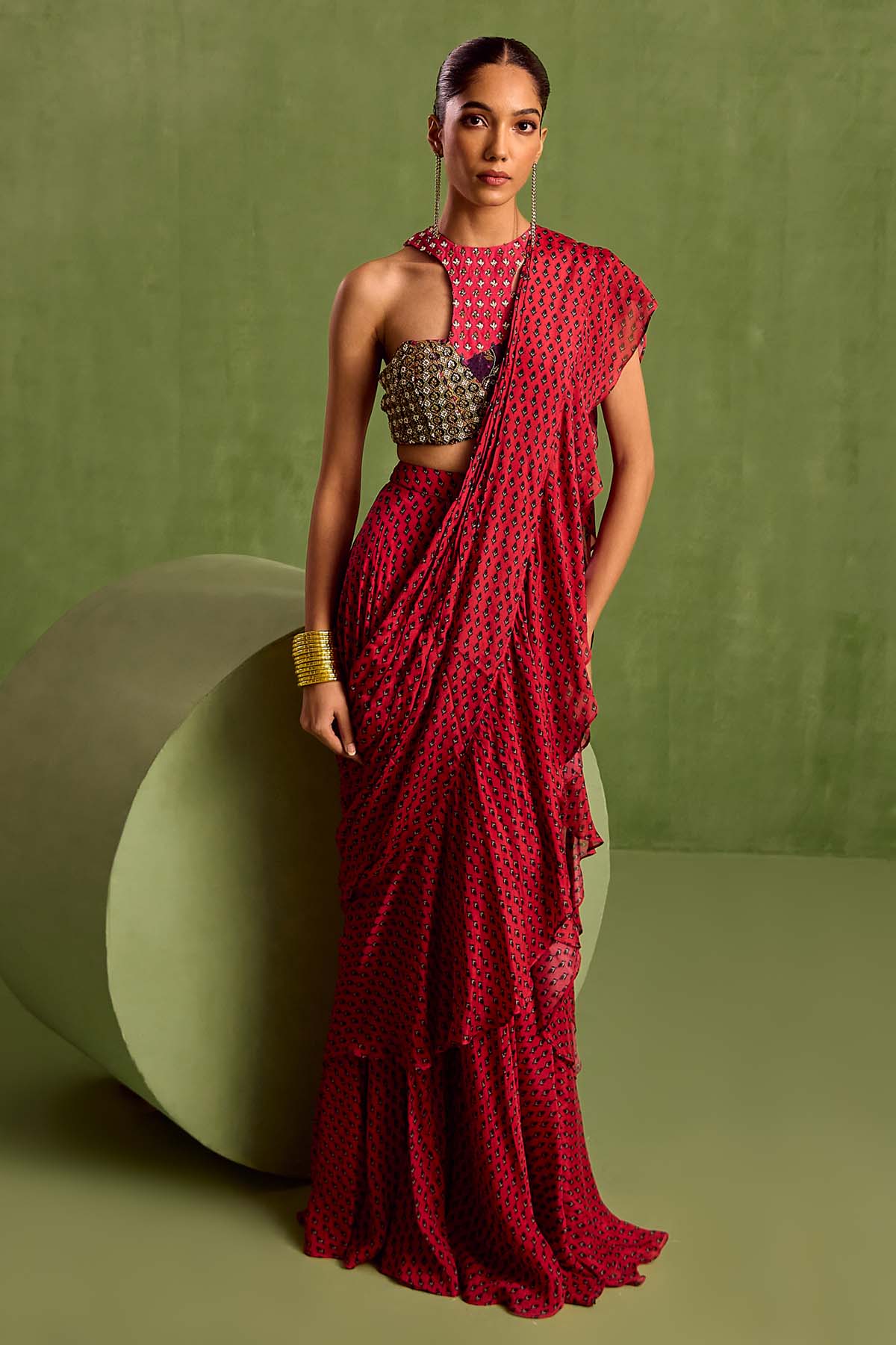 Designer Neha Khullar Fuchsia Print Pre-Draped Saree for Women Online