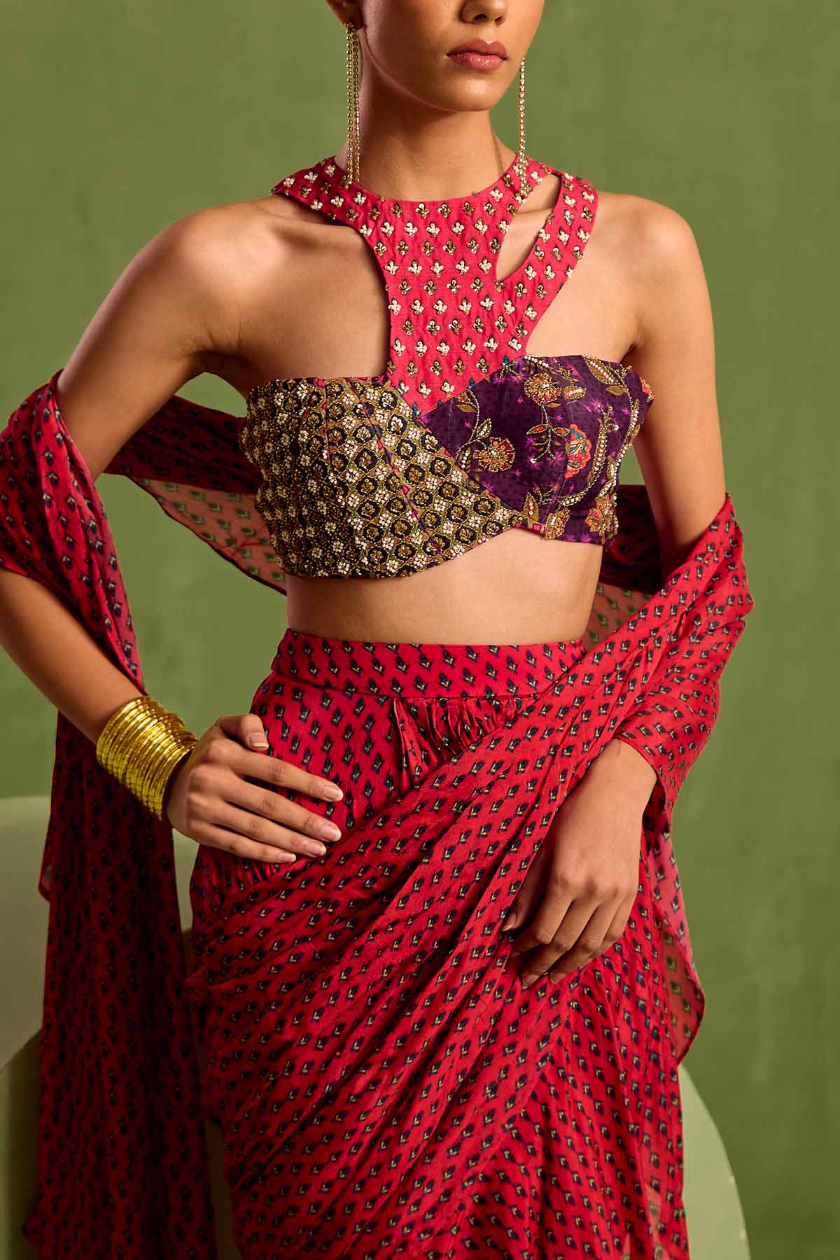 Fuchsia Print Pre-Draped Saree