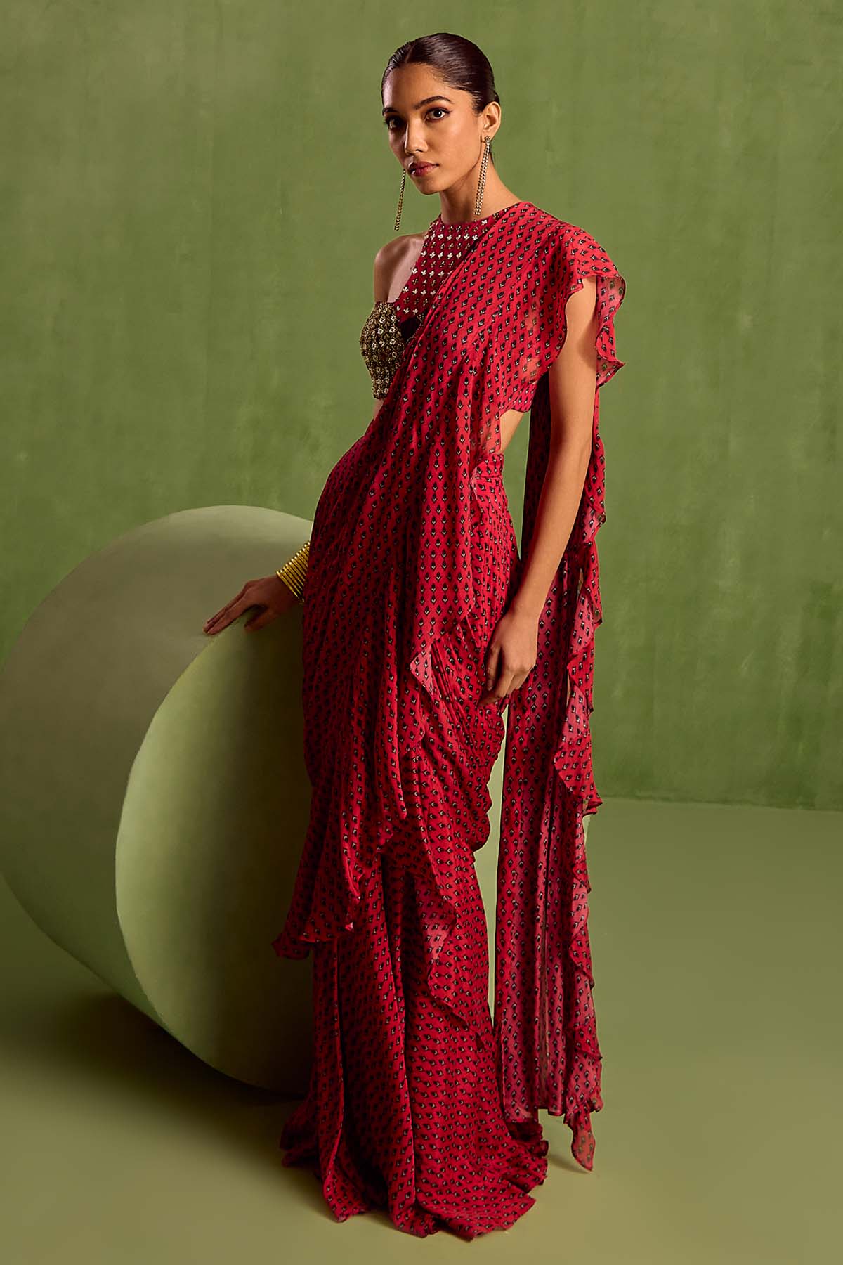 Fuchsia Print Pre-Draped Saree