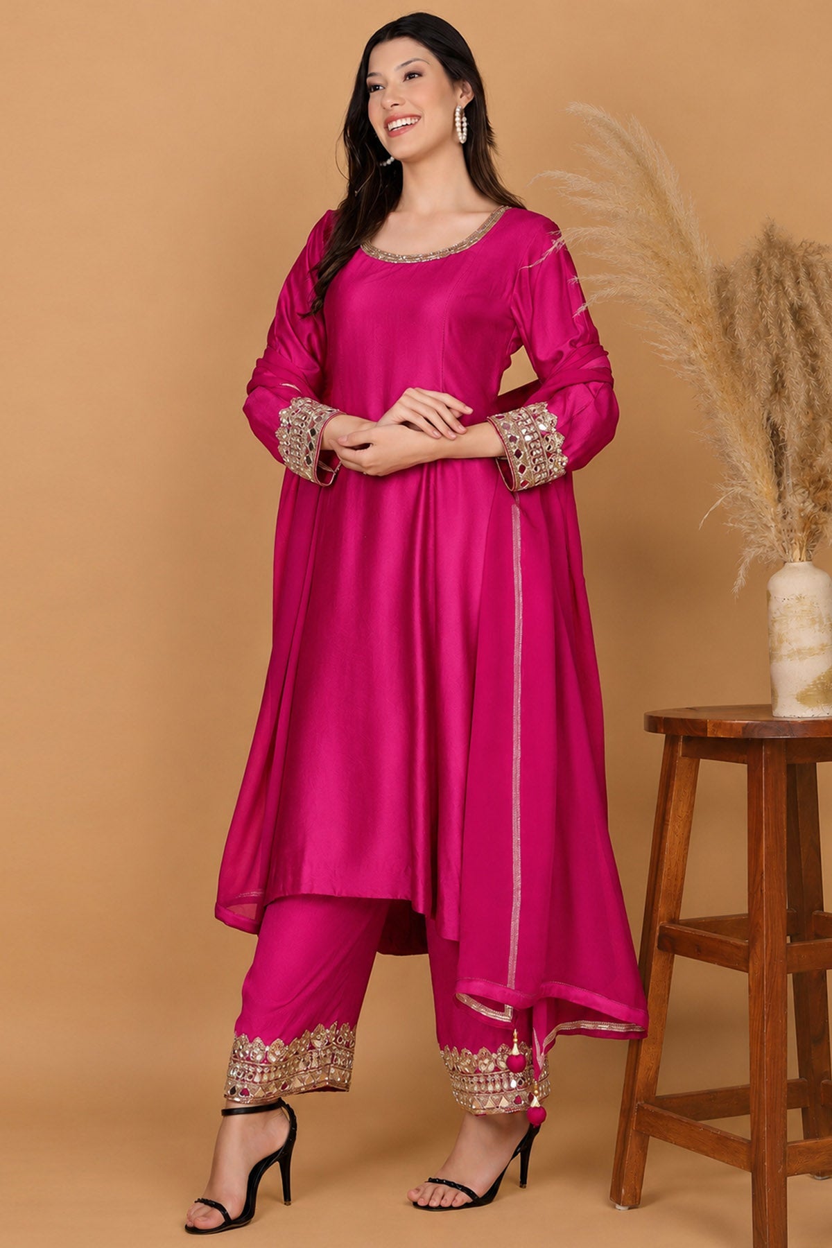 Buy Fuchsia Self Katan Kurta Set for women by Milu Madan online available at scrollnshops