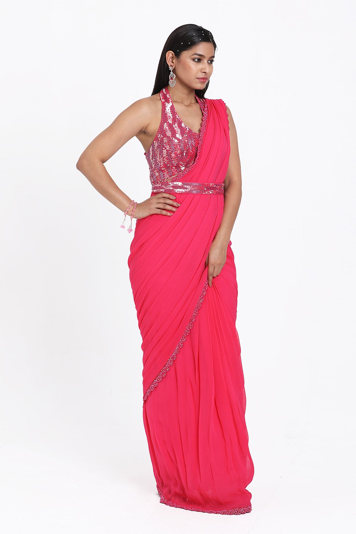 Fuchsia Sequins Pre-Draped Saree