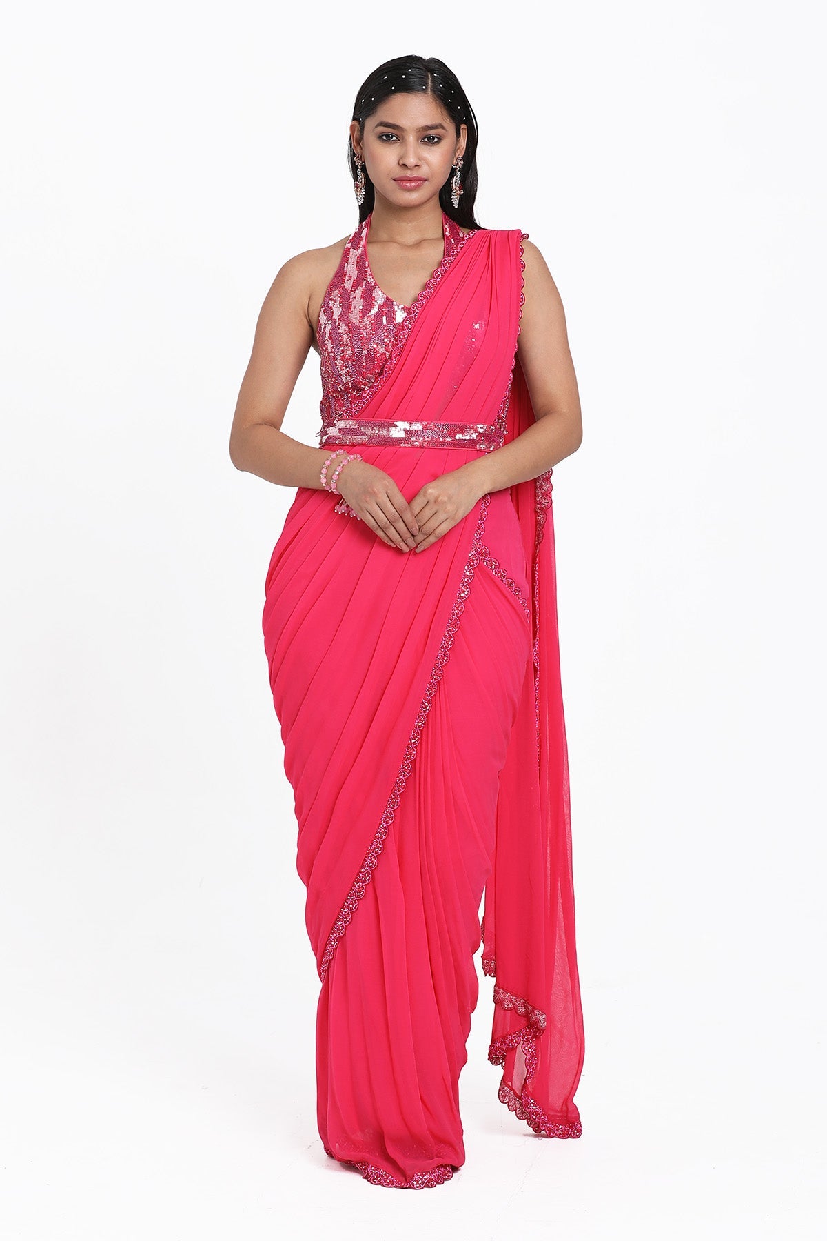 Buy Fuchsia Sequins Pre-Draped Saree by Nitisha Kashyapi for women online at ScrollnShops