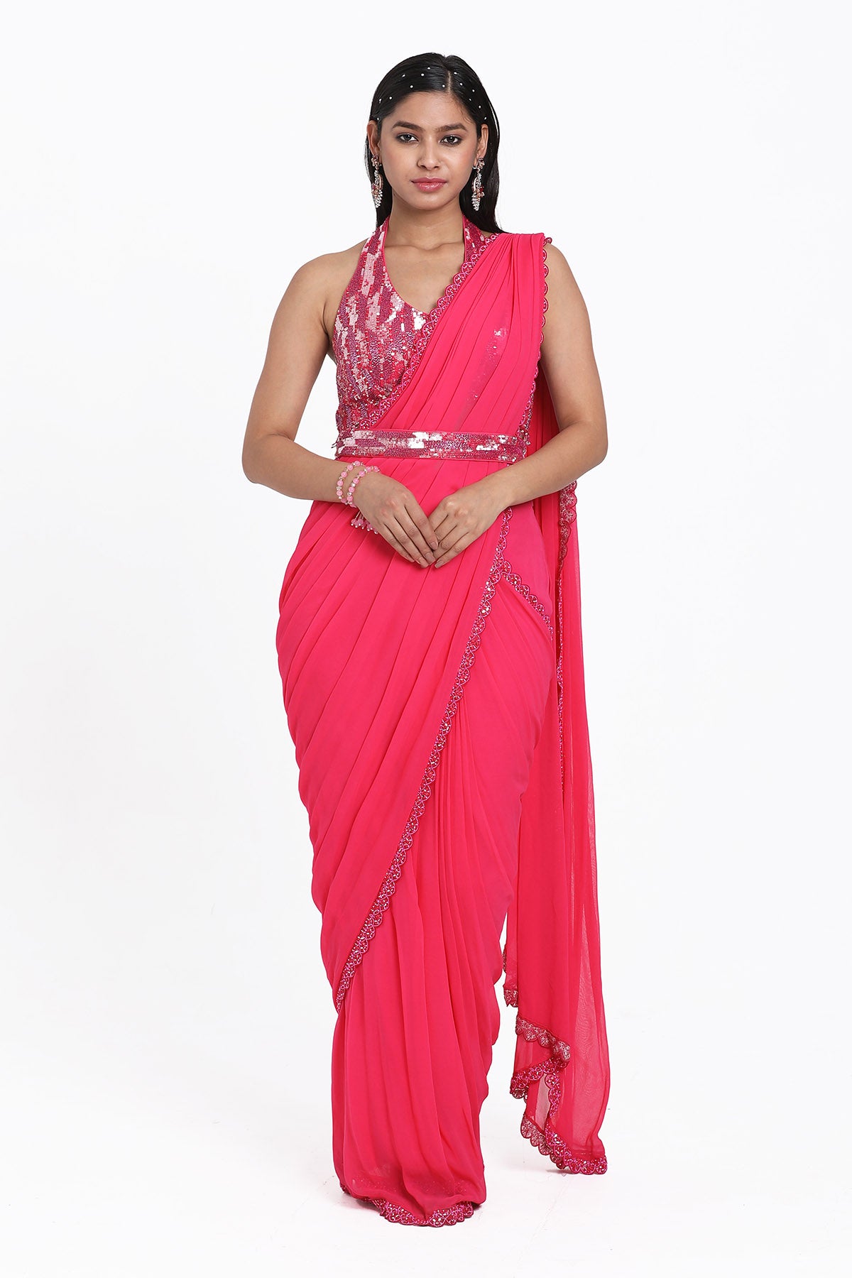 Fuchsia Sequins Pre-Draped Saree