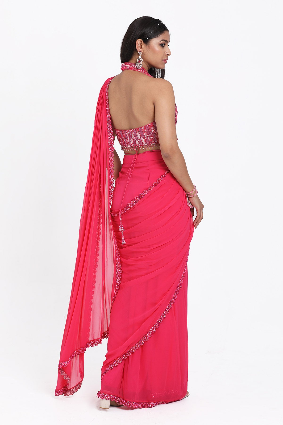 Fuchsia Sequins Pre-Draped Saree