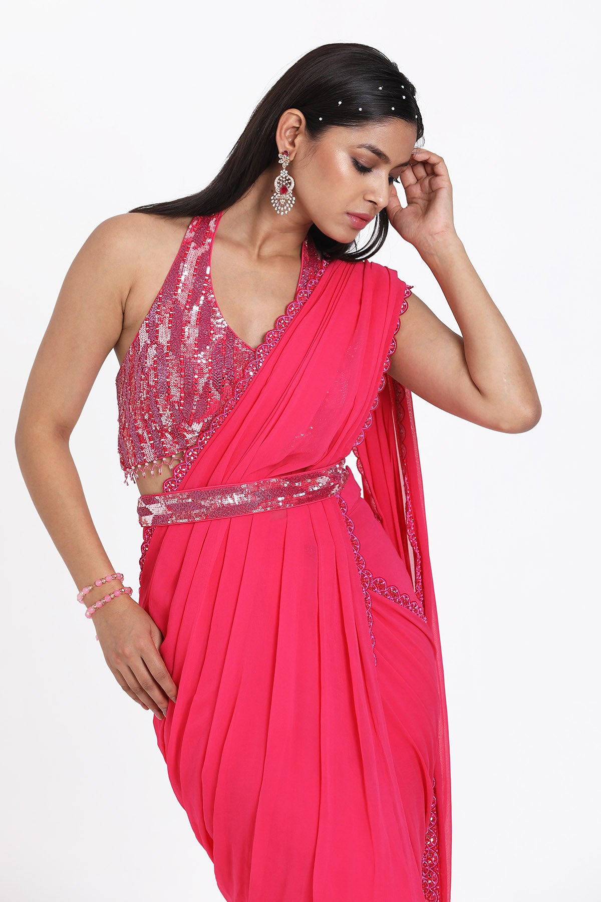 Fuchsia Sequins Pre-Draped Saree