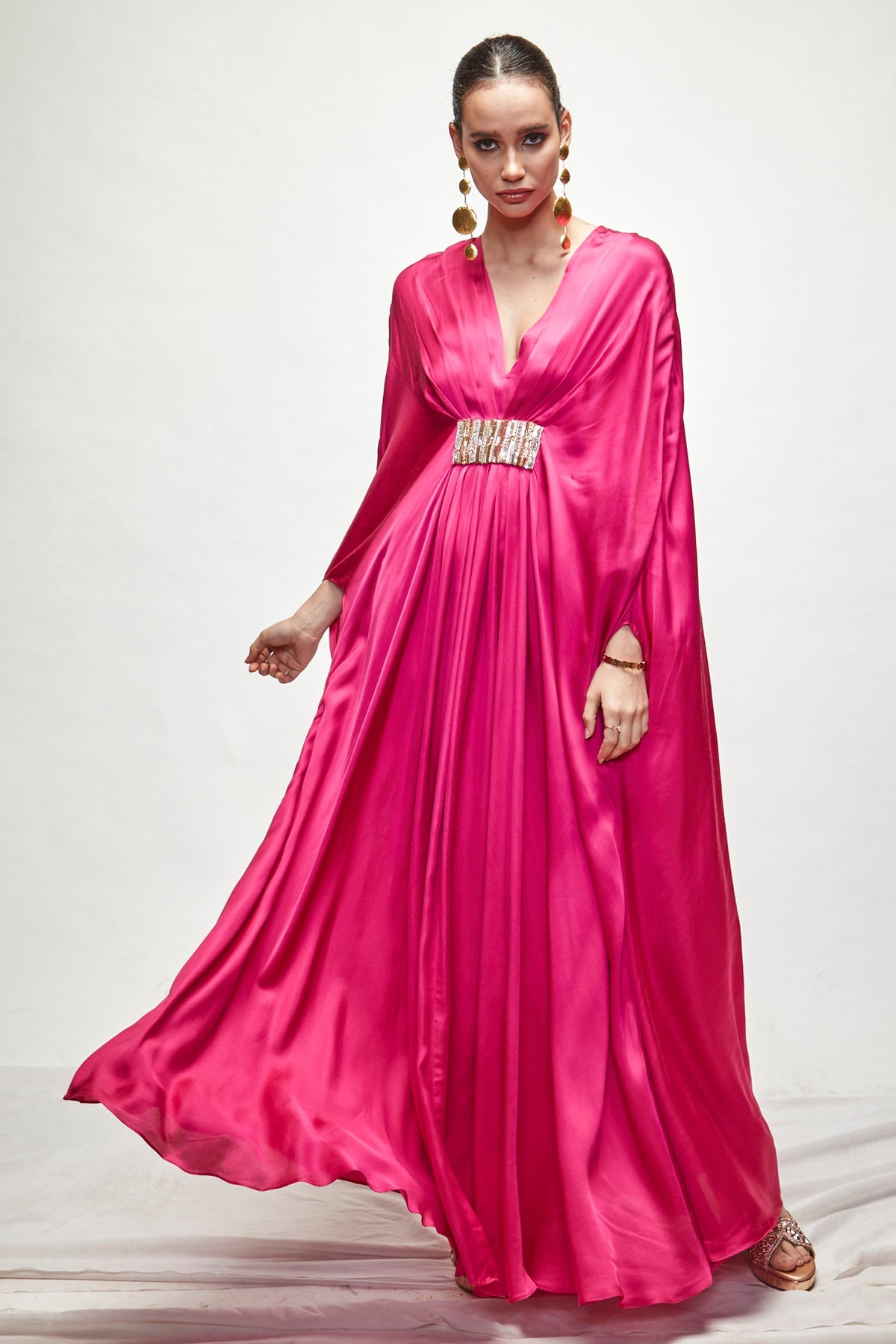 Designer Ranian Fuchsia silk kaftan with front pleat detailing and beads embroidery For women Online at ScrollnShops