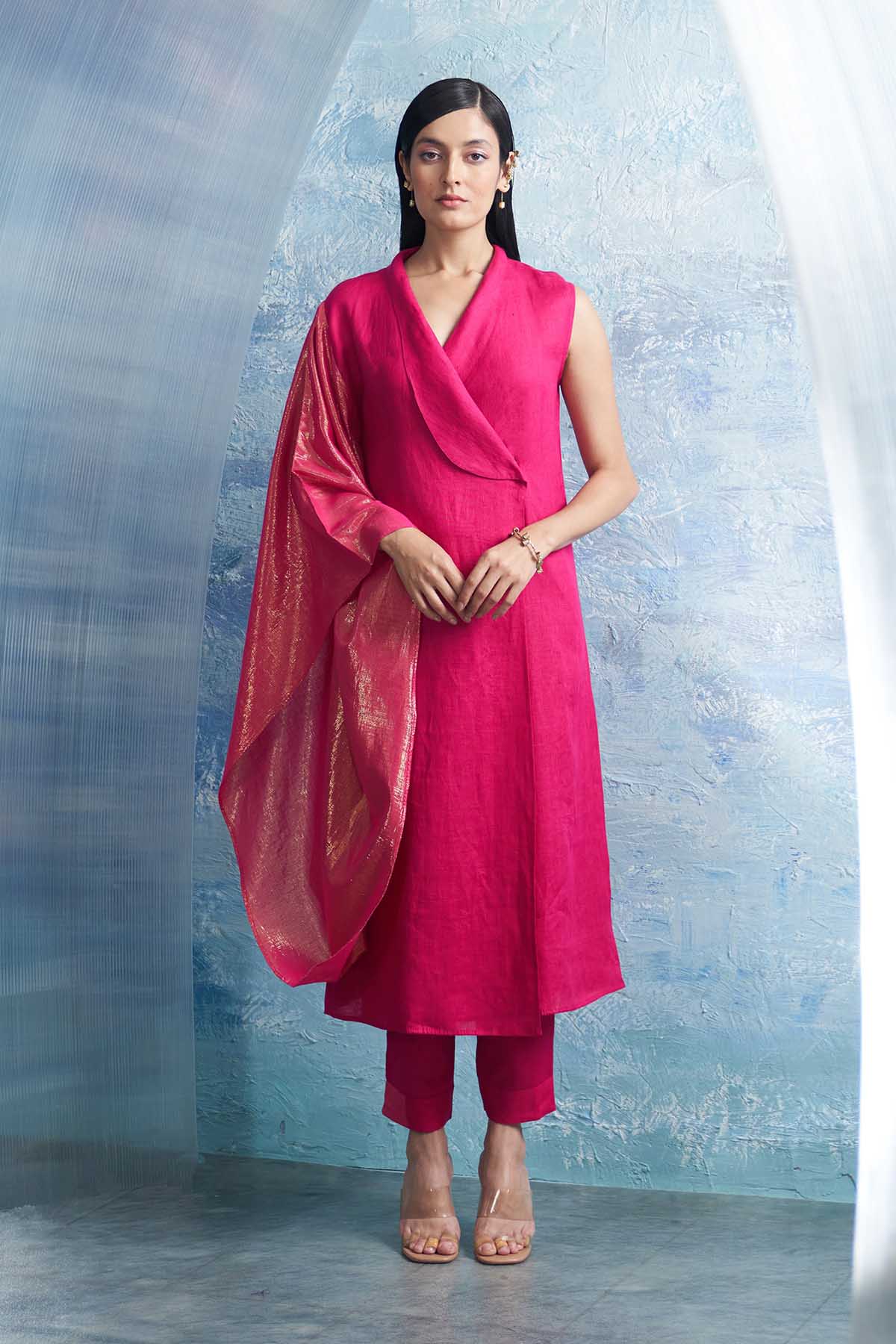 Buy Fuchsia V-Neck Wrap Kurta Set by Charkhee for women online at ScrollnShops