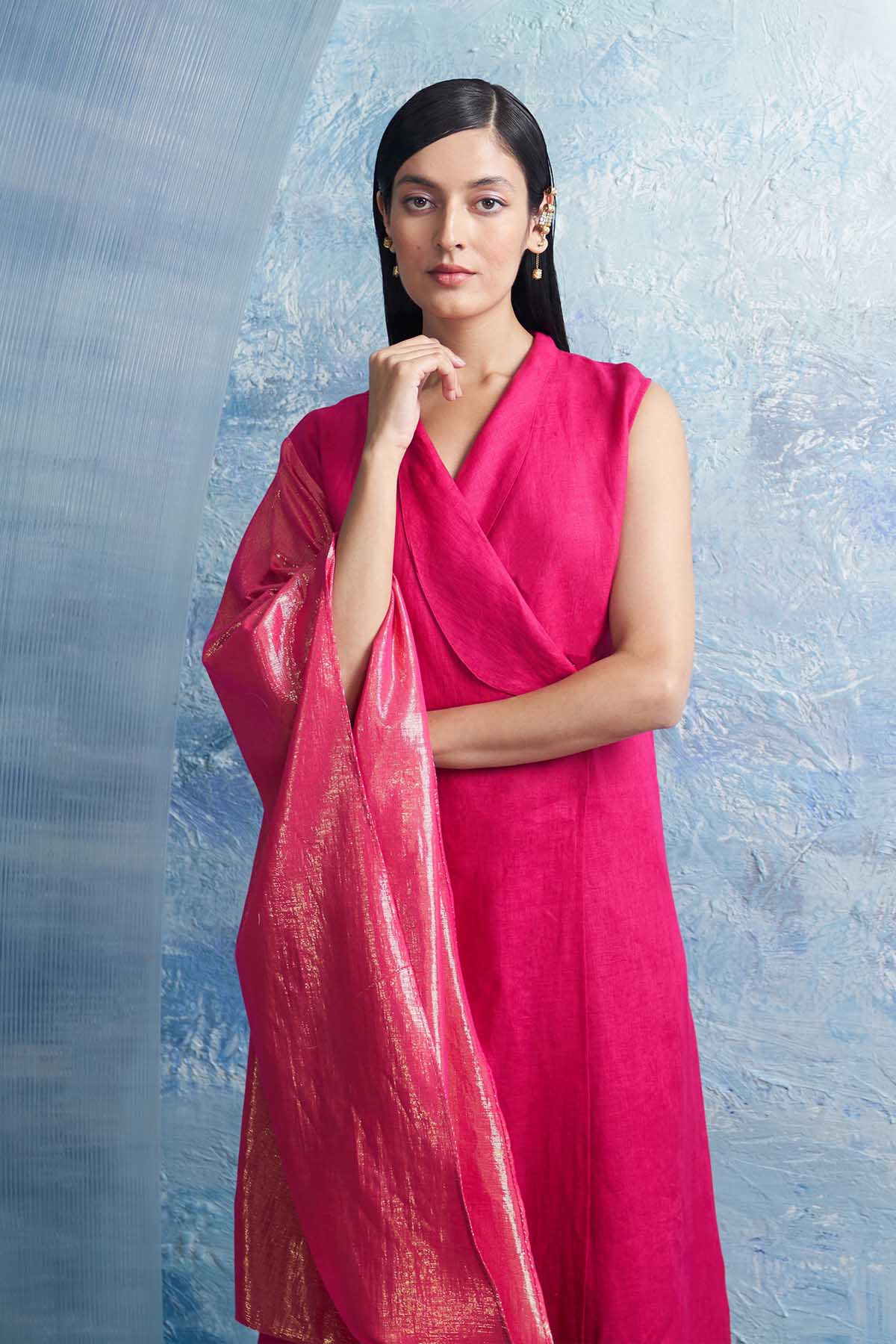 Fuchsia V-Neck Wrap Kurta Set