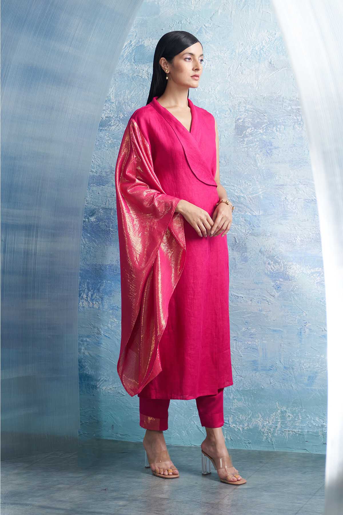 Fuchsia V-Neck Wrap Kurta Set