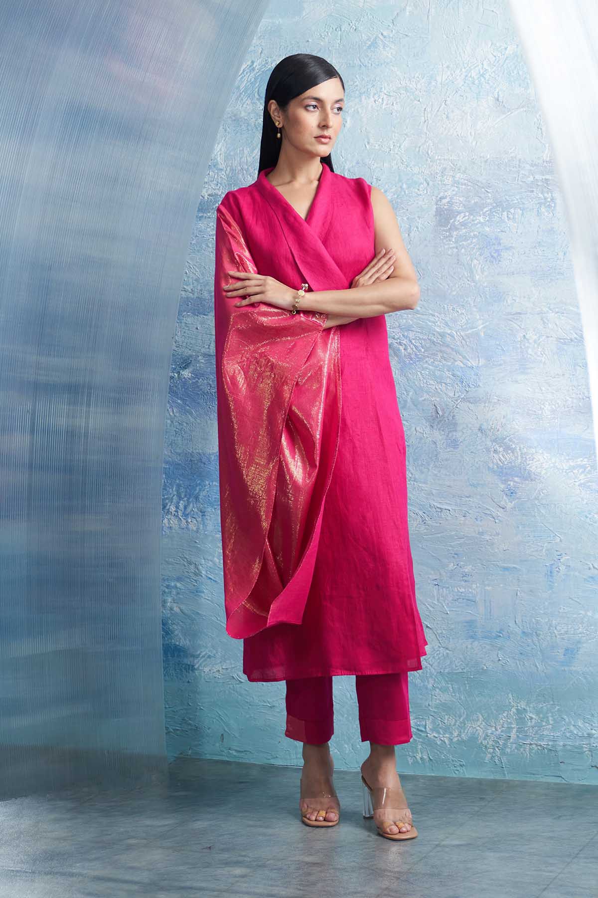 Fuchsia V-Neck Wrap Kurta Set