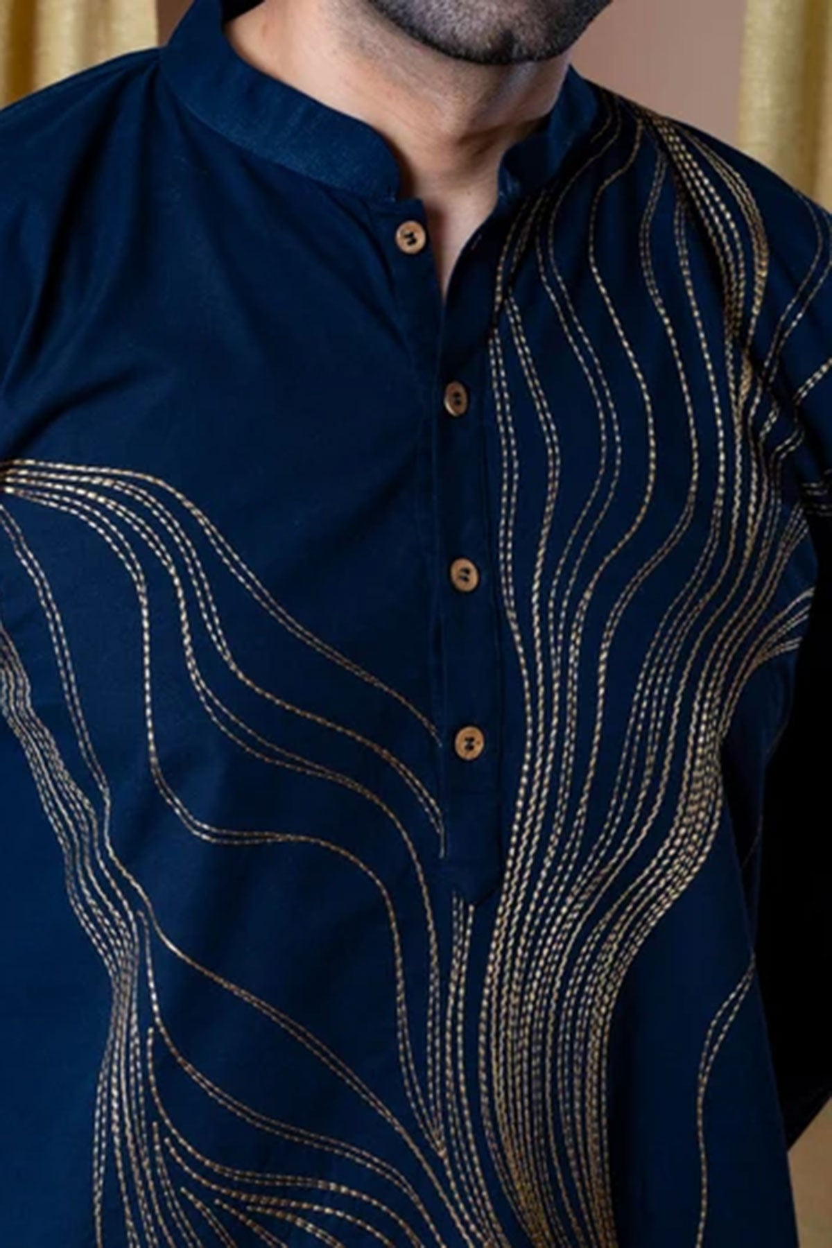 Gaji Embroidery Navy Blue Kurta
