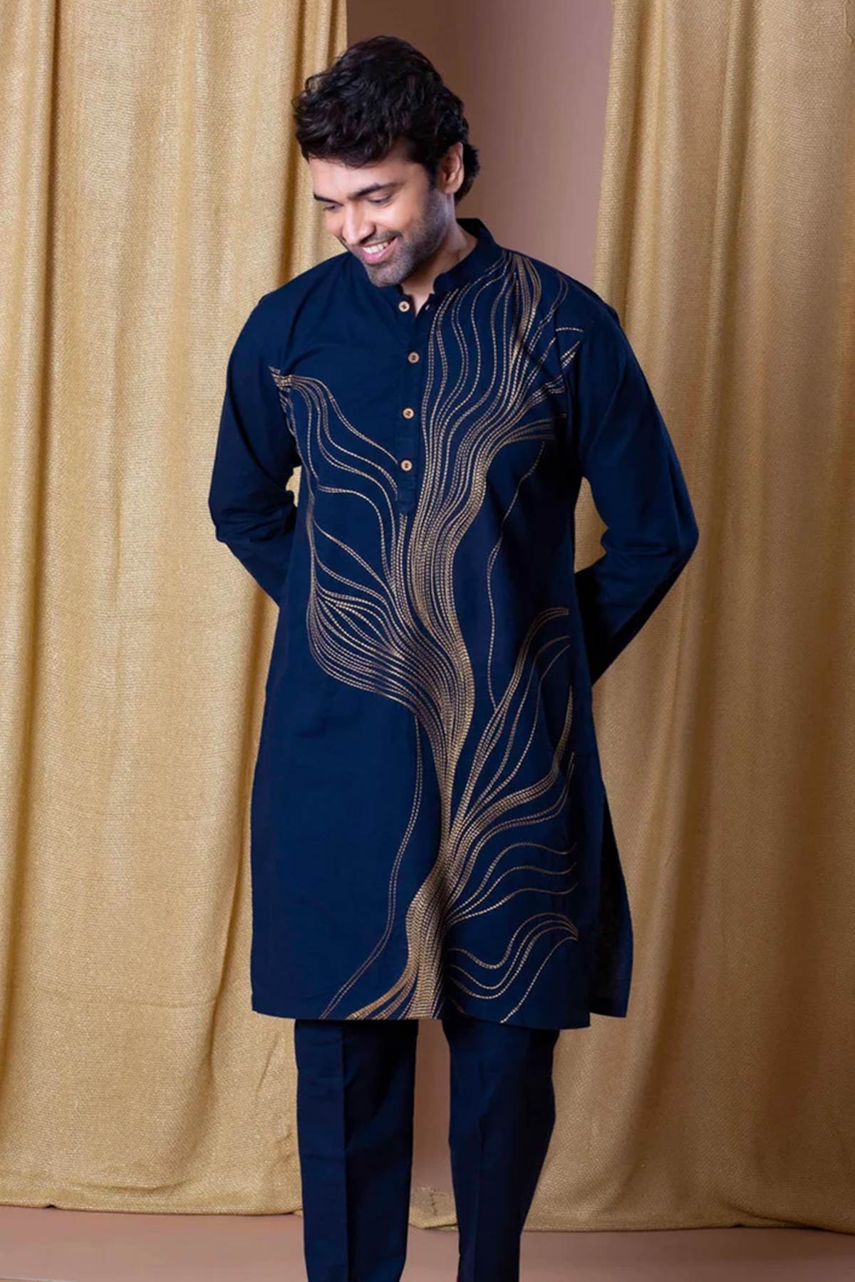Buy Gaji Embroidery Navy Blue Kurta for men by Aastha Fashion online available at scrollnshops
