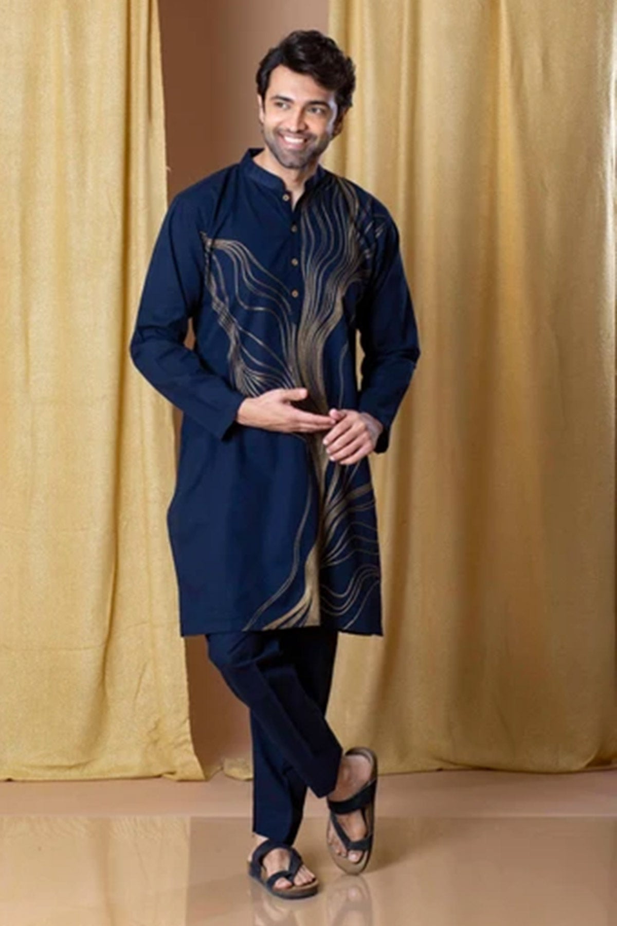 Gaji Embroidery Navy Blue Kurta