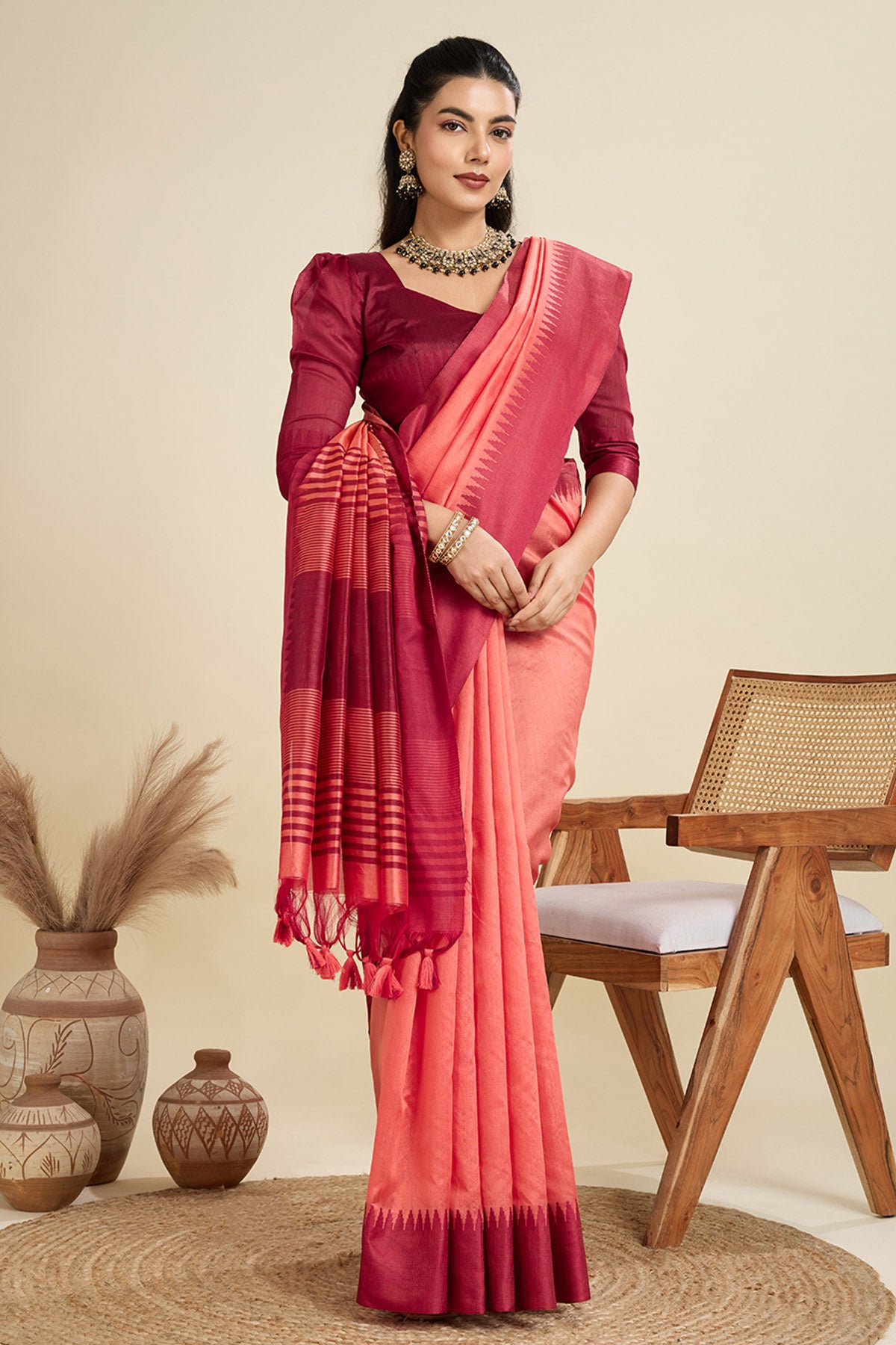 Gajri Raw Silk Thread Work Saree