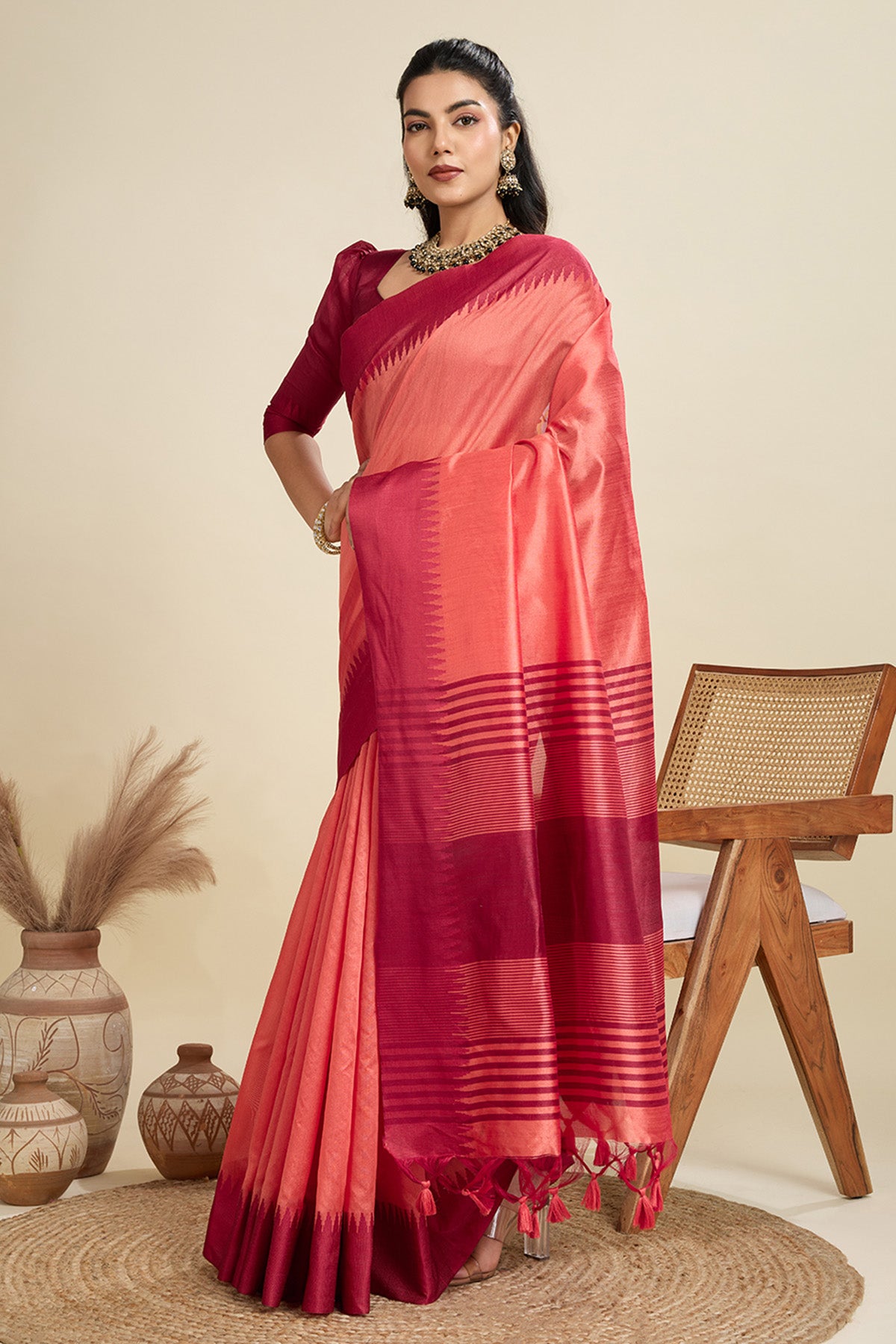 Gajri Raw Silk Thread Work Saree
