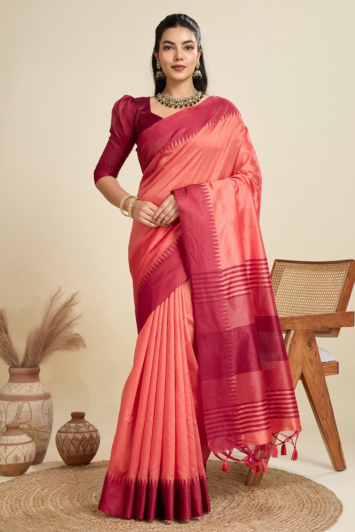 Buy Gajri Raw Silk Thread Work Saree for Women Online available at ScrollnShops