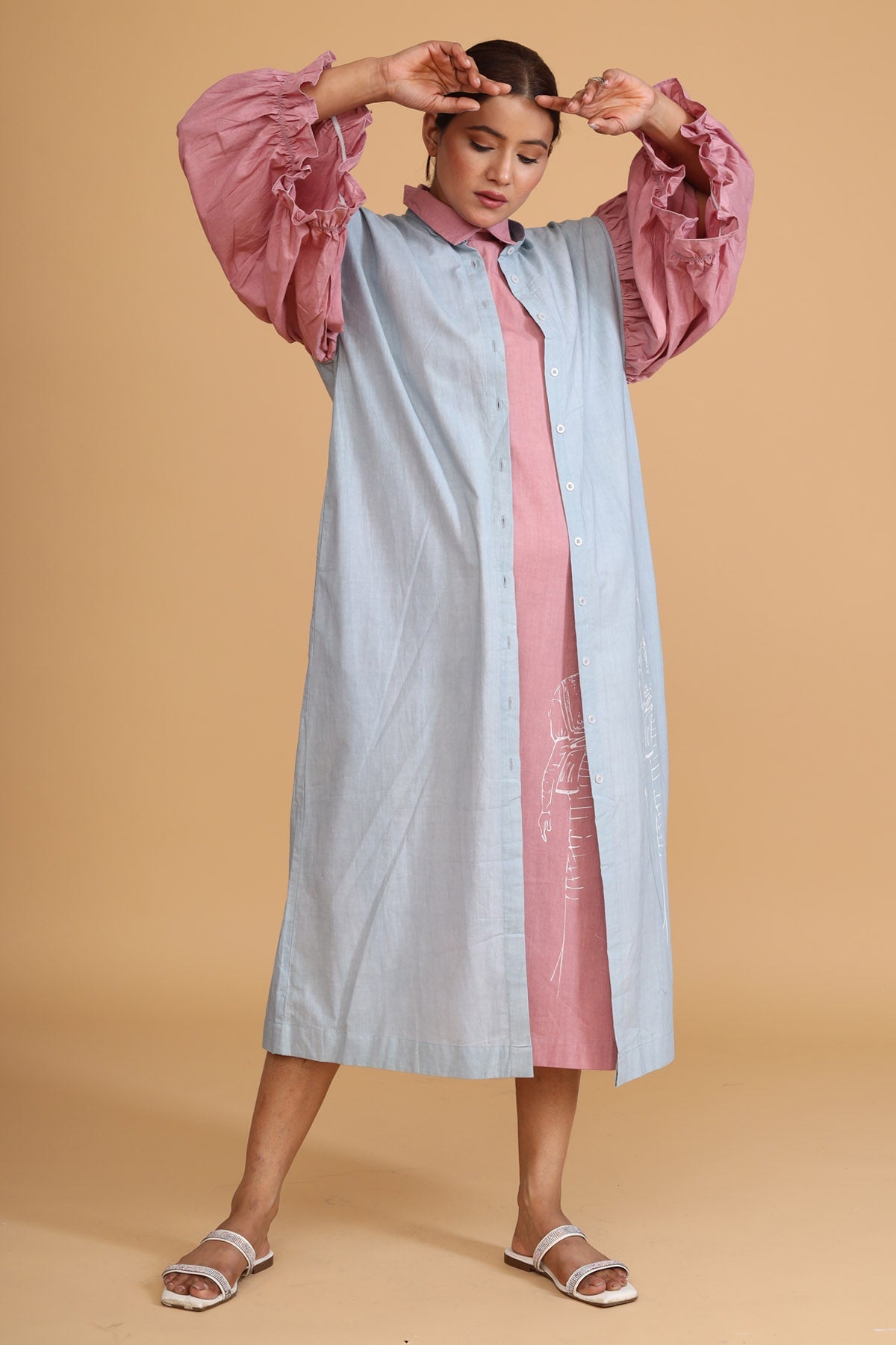 Gathered Pink Mint Overlay - Stylish Cotton Poplin Jacket at ScrollnShops