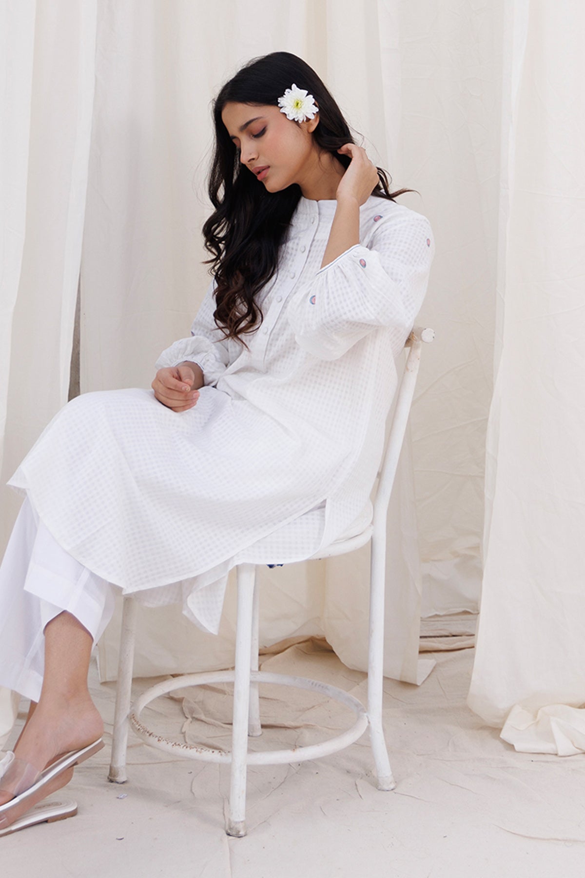 Gathered White Kurta & Pants