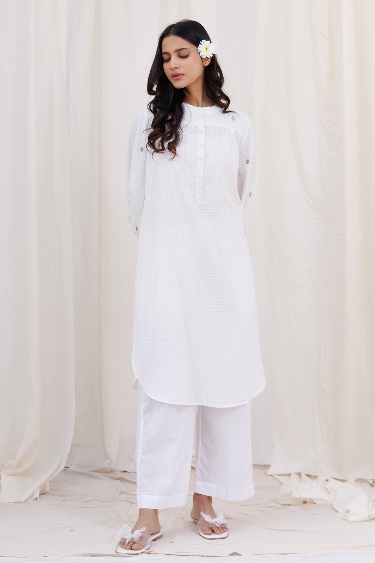 Buy Gathered White Kurta & Pants by Label Surabhi Raj for women online at ScrollnShops