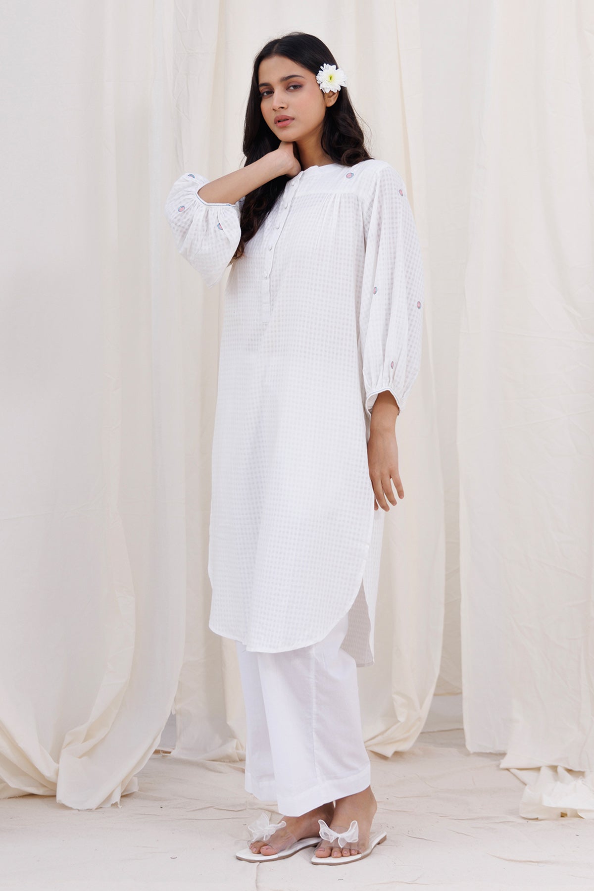 Gathered White Kurta & Pants