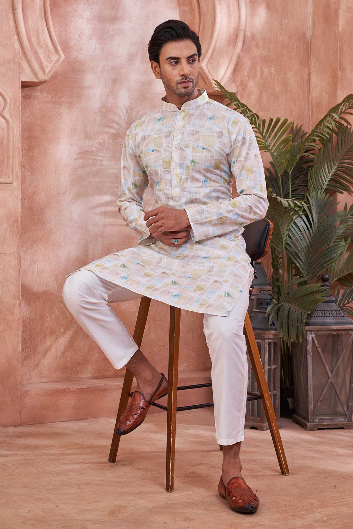 Buy Geometric Printed Cotton Kurta by SNEHA B - Men for online at ScrollnShops