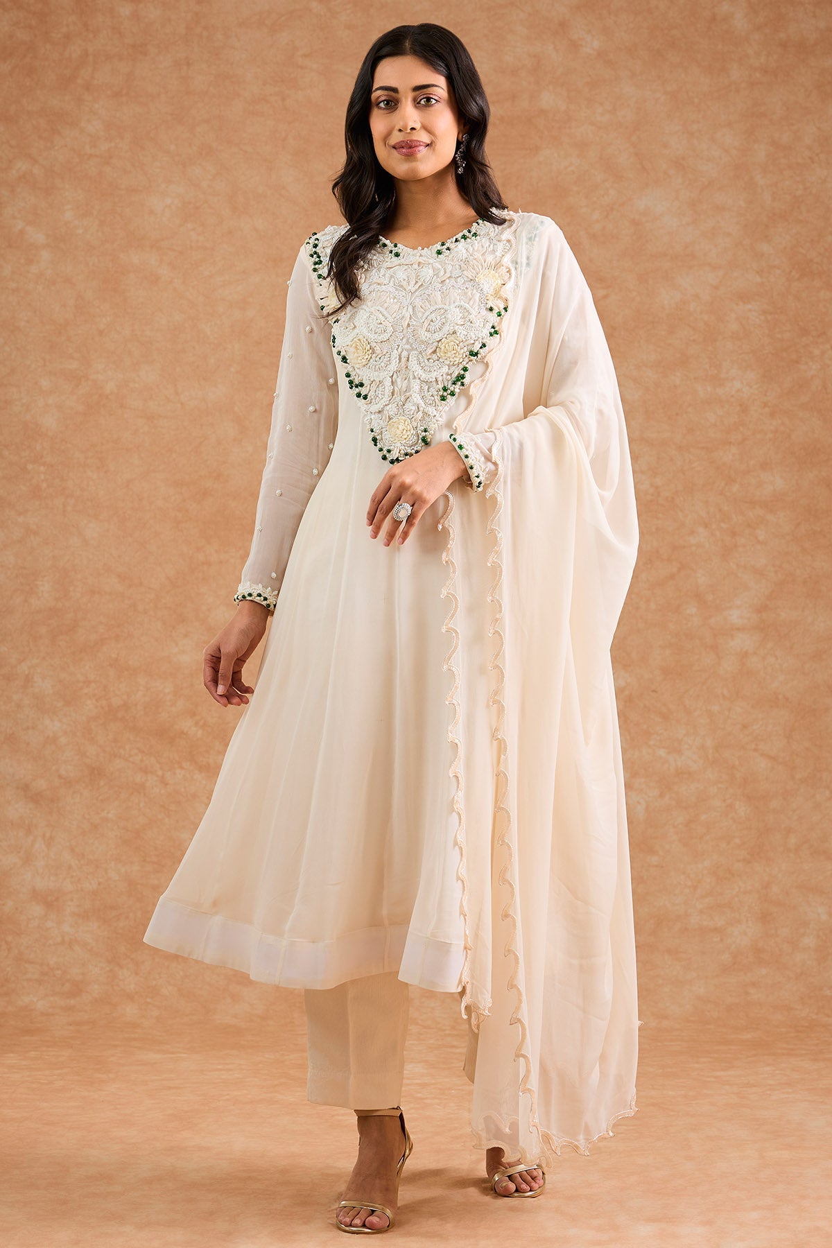 Buy Georgette Ivory Anarkali Set for women by Milu Madan online available at scrollnshops