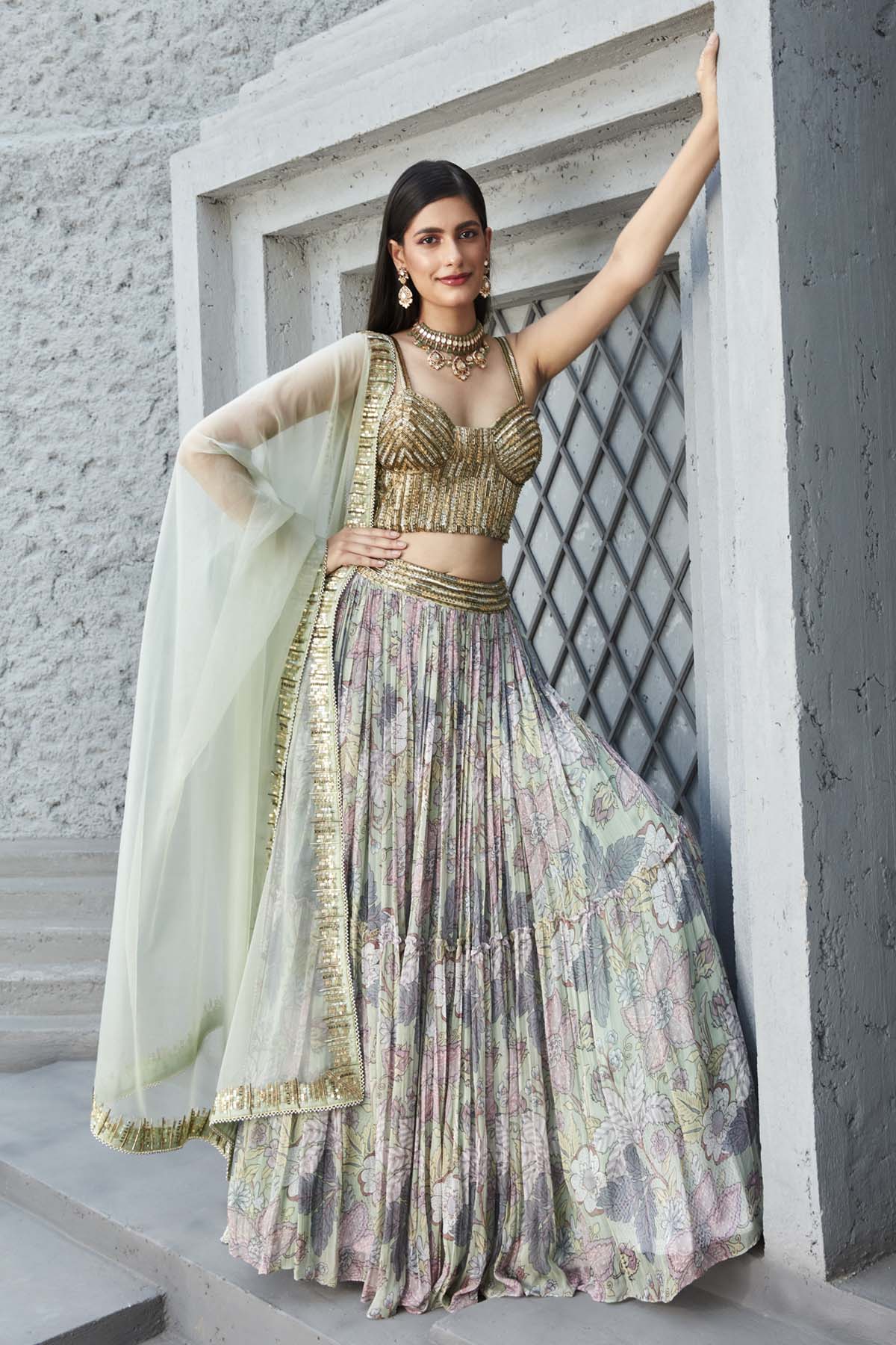 Designer Ranian Fern green lehenga set with georgette printed 2 tier lehenga with can can, heavy embroidered corset blouse with side zip and organza dupatta For women Online at ScrollnShops