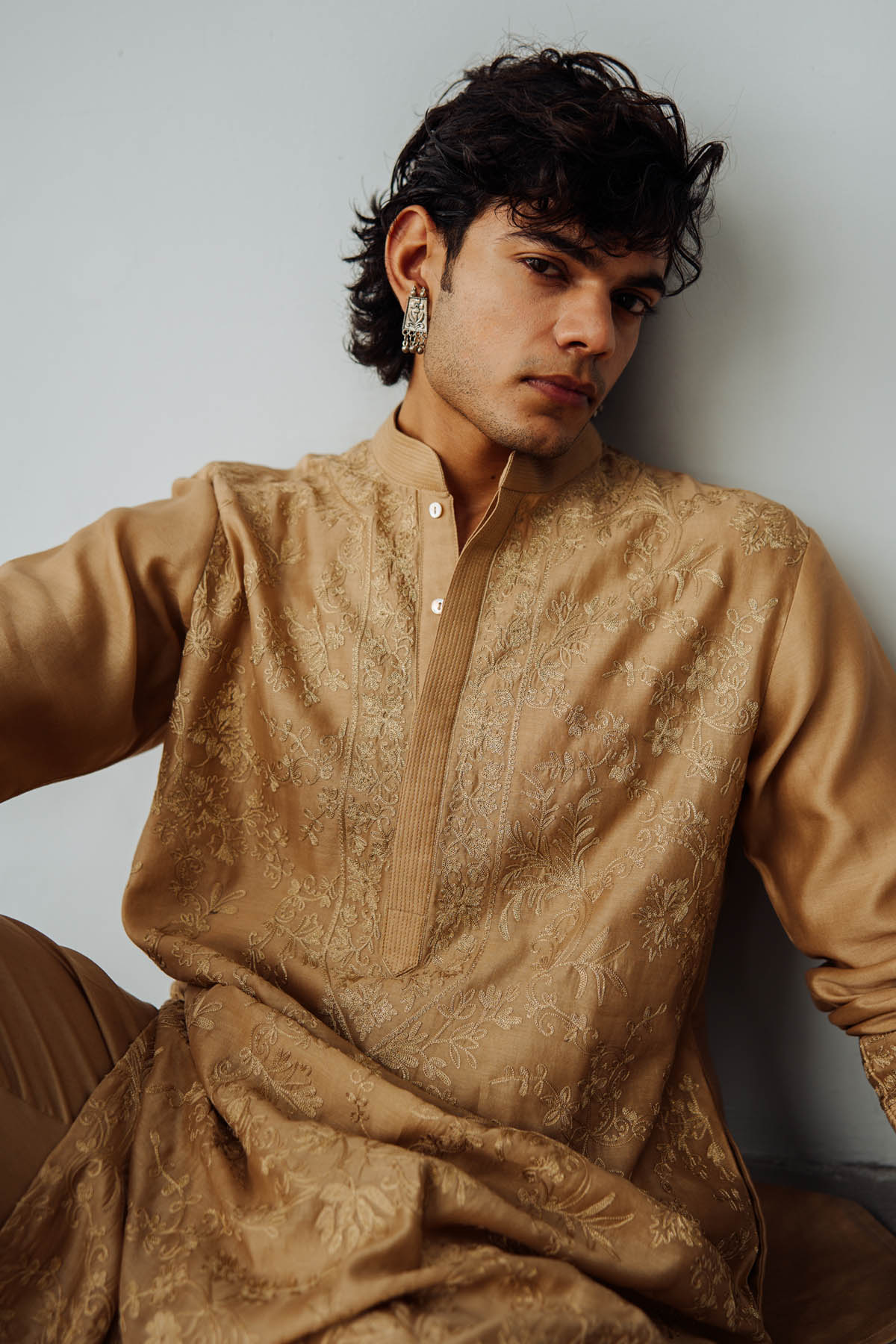 Gold Chanderi Aari Work Kurta Set
