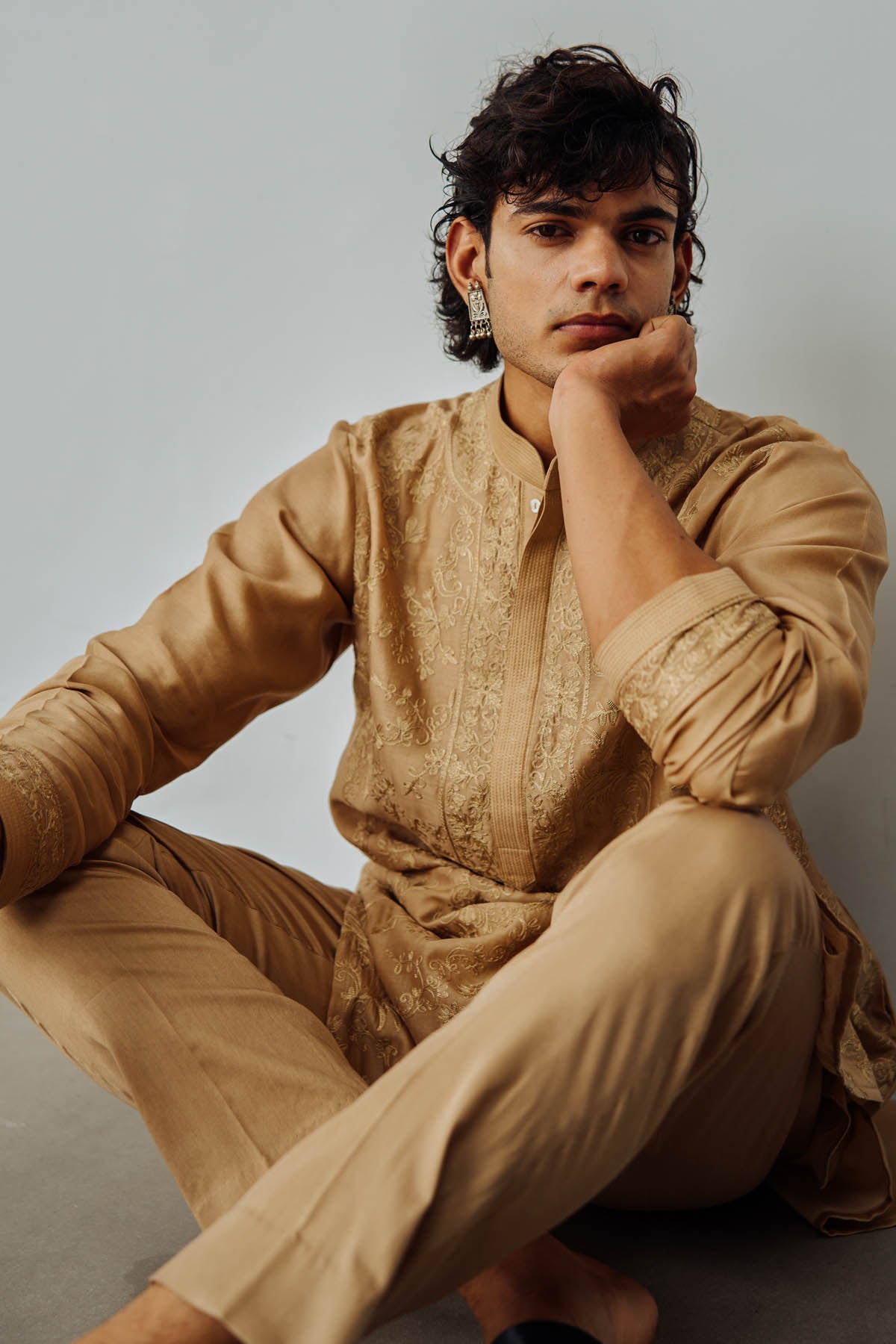 Gold Chanderi Aari Work Kurta Set