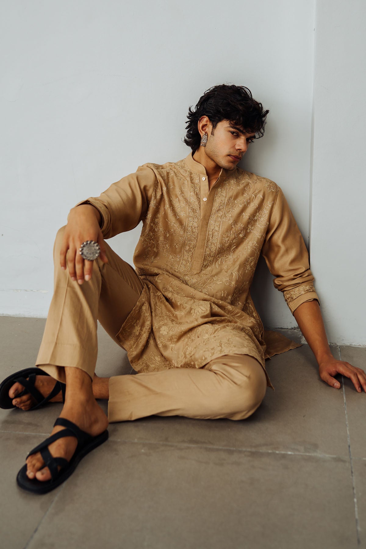 Gold Chanderi Aari Work Kurta Set