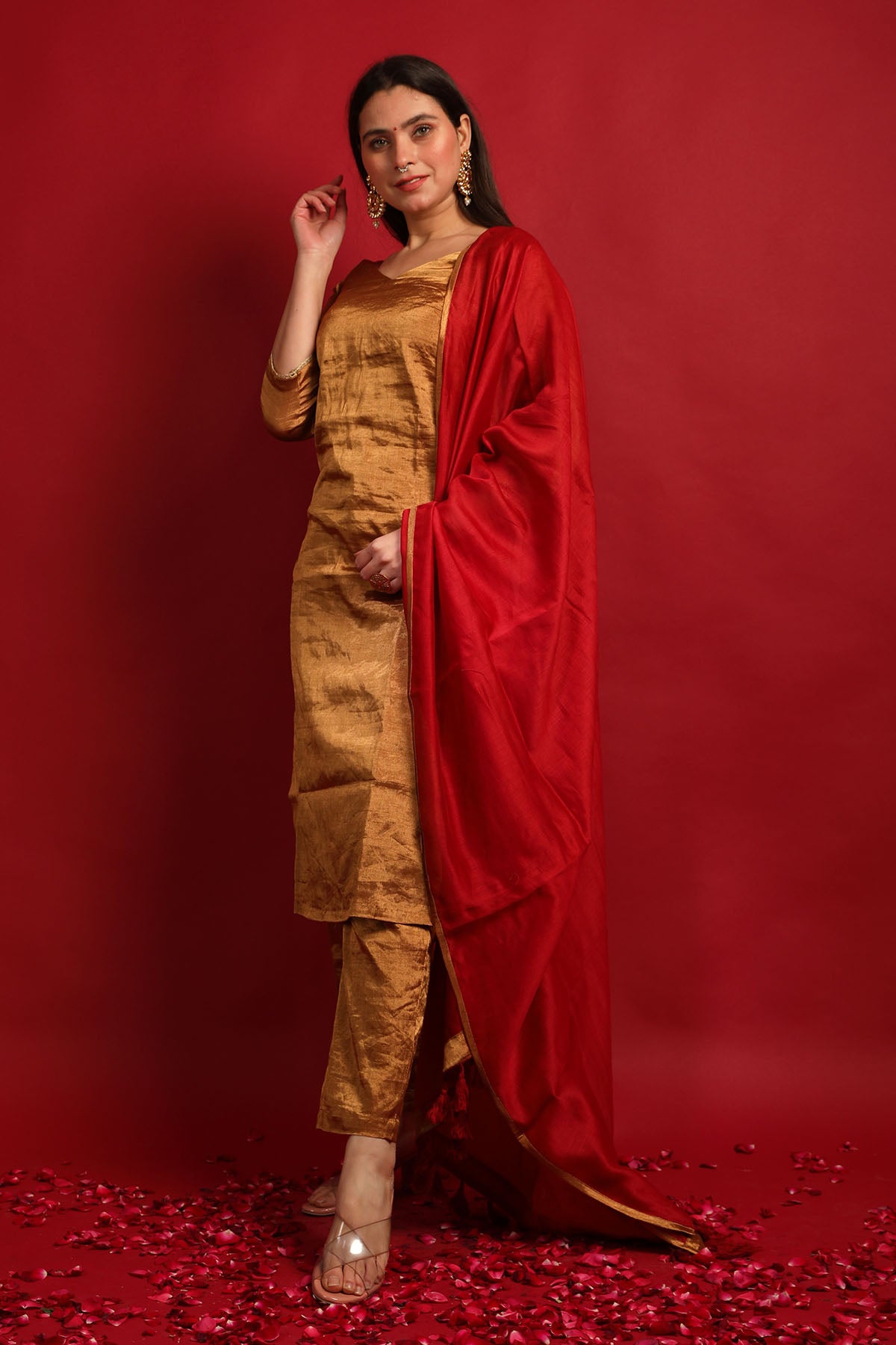 Gold Chanderi Lace Kurta Set