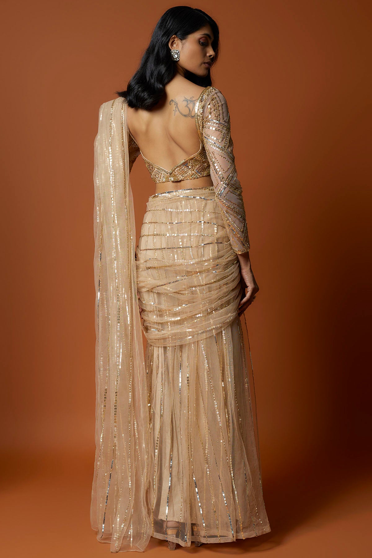 Gold Net Pre-Draped Saree Set