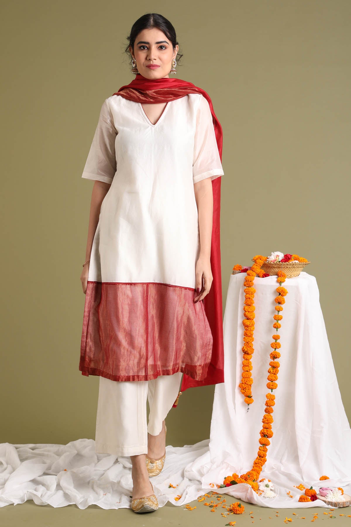 Gold Stripe Chanderi Kurta Set