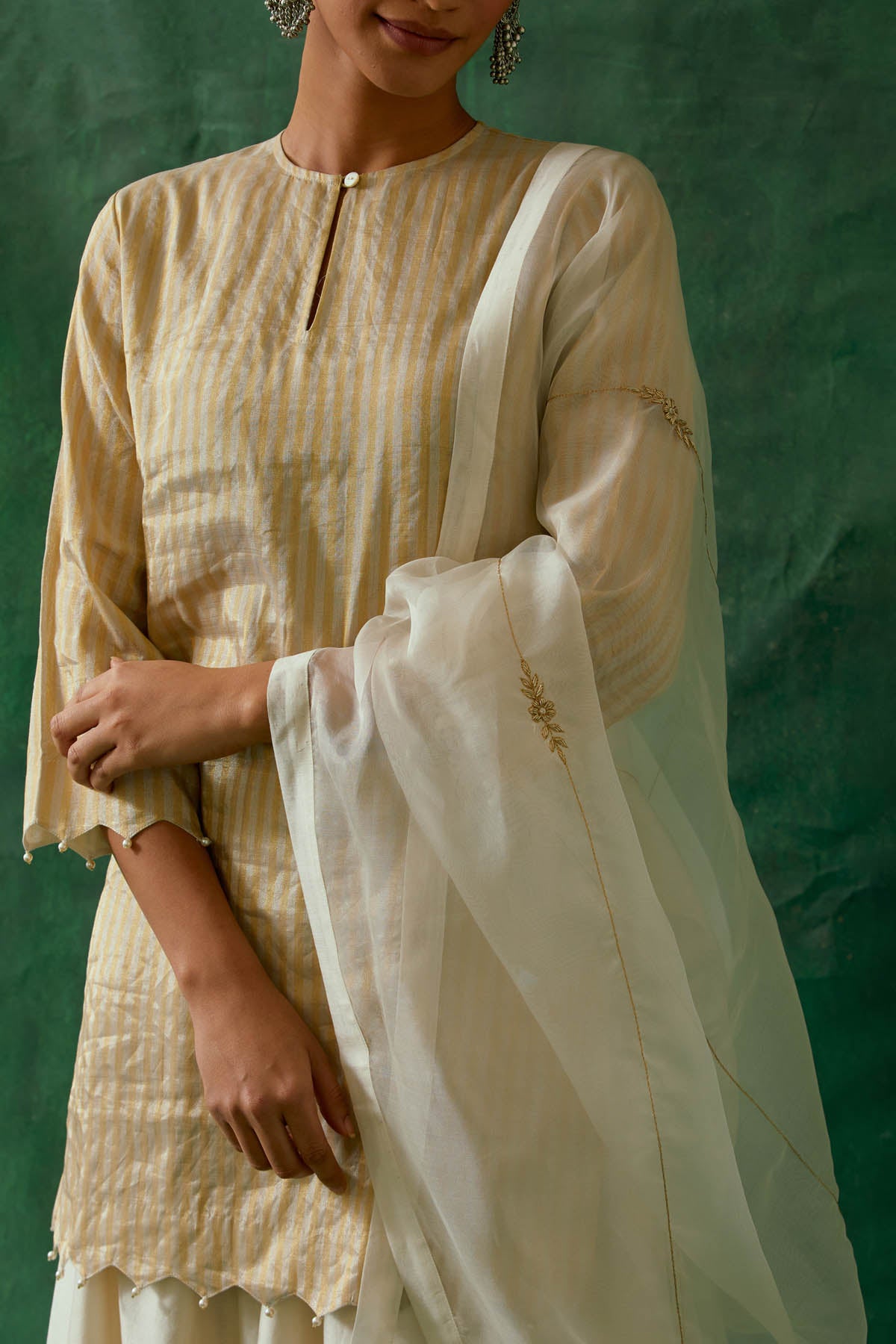 Gold Zari Silk Stripes Kurta Set