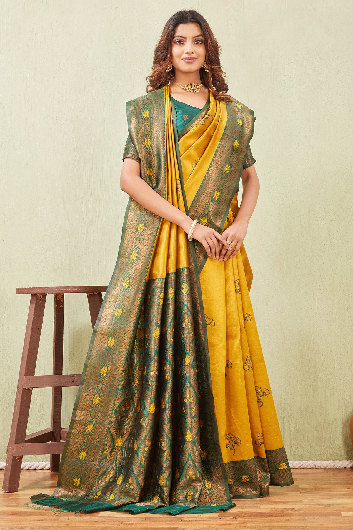 Gold Banarasi Silk Floral Saree
