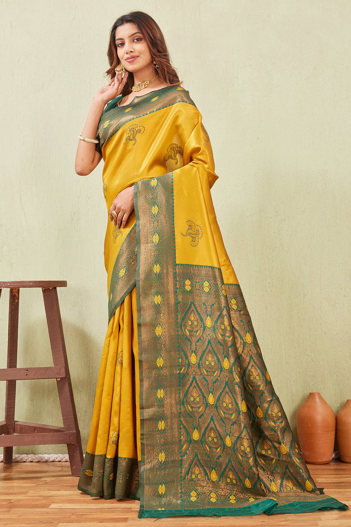 Gold Banarasi Silk Floral Saree